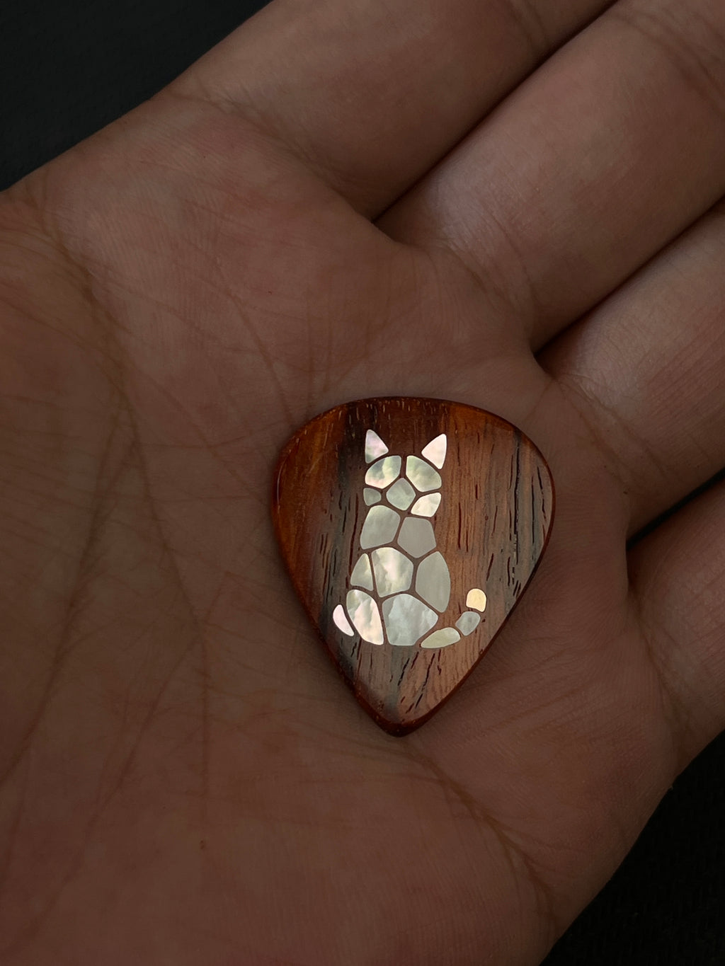 Handmade Wooden Guitar Pick with Mother of Pearl Cat Inlay