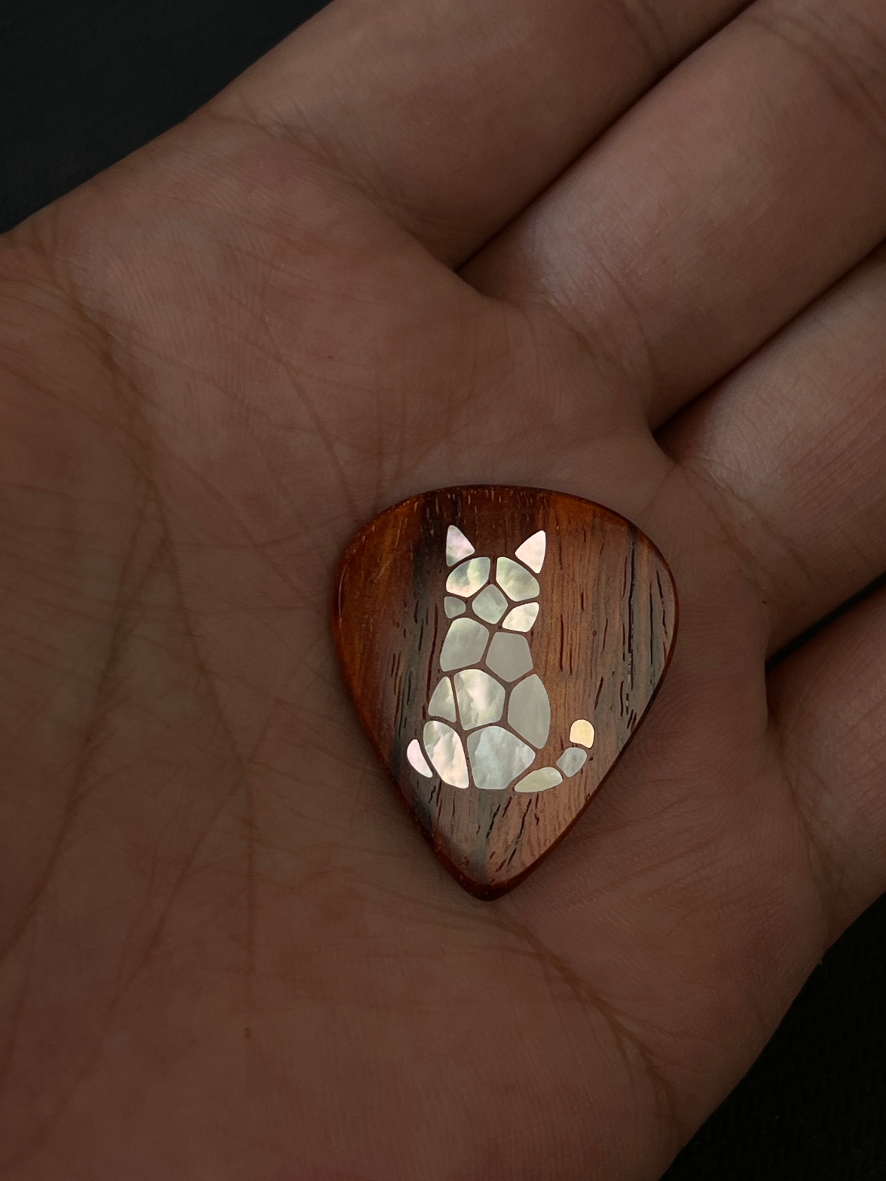 Handmade Wooden Guitar Pick with Mother of Pearl Cat Inlay