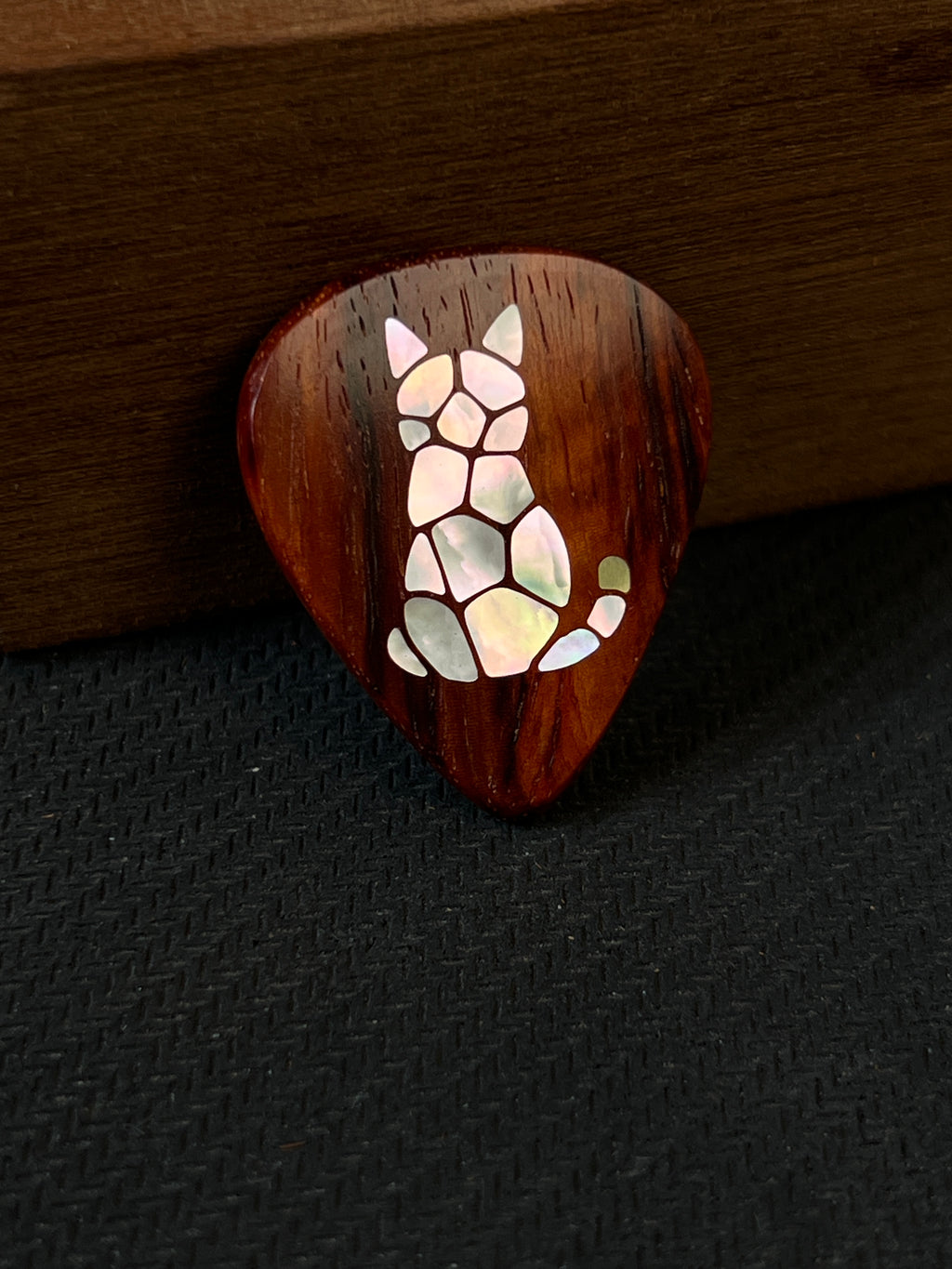 Handmade Wooden Guitar Pick with Mother of Pearl Cat Inlay