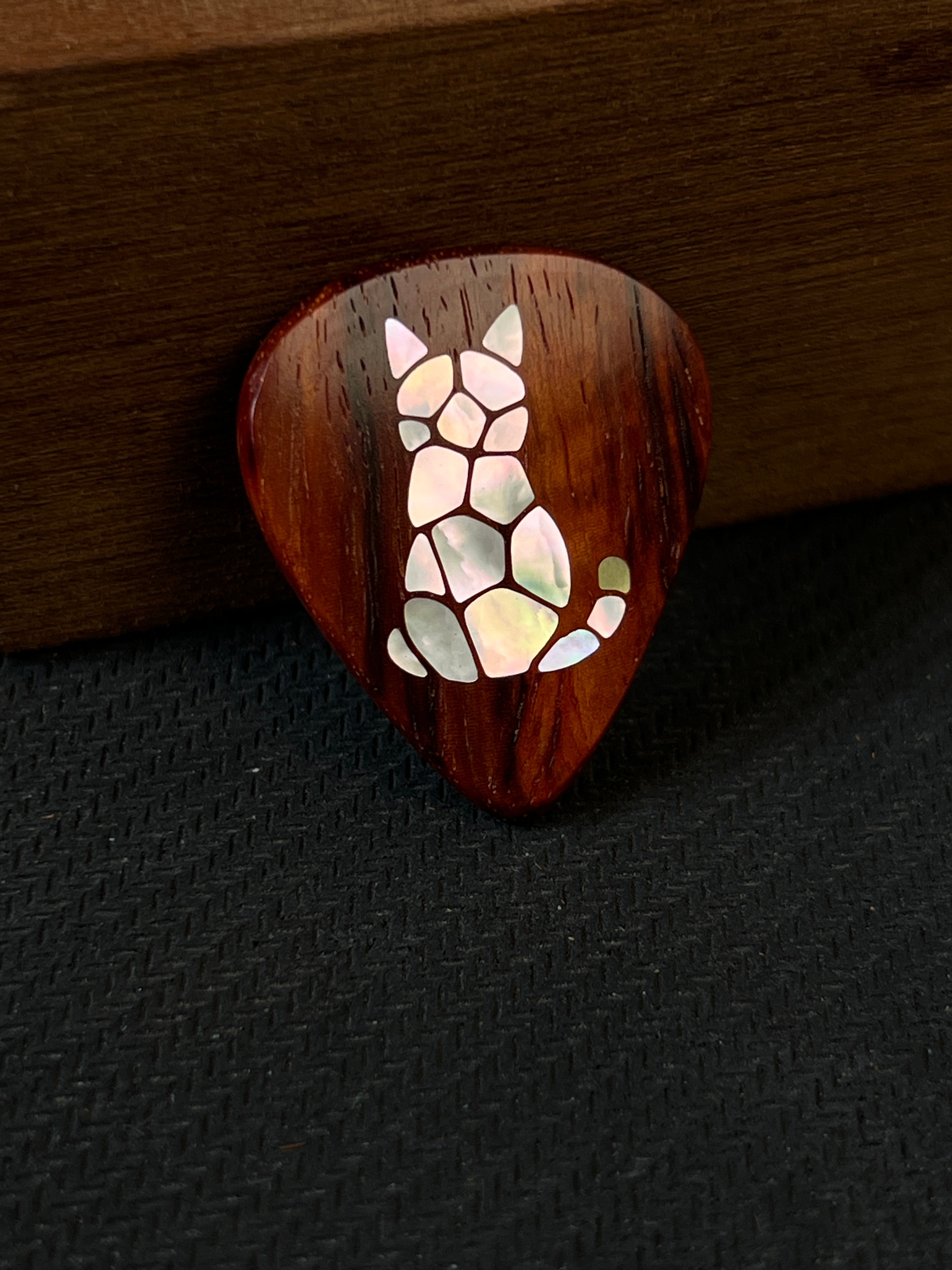 Handmade Wooden Guitar Pick with Mother of Pearl Cat Inlay