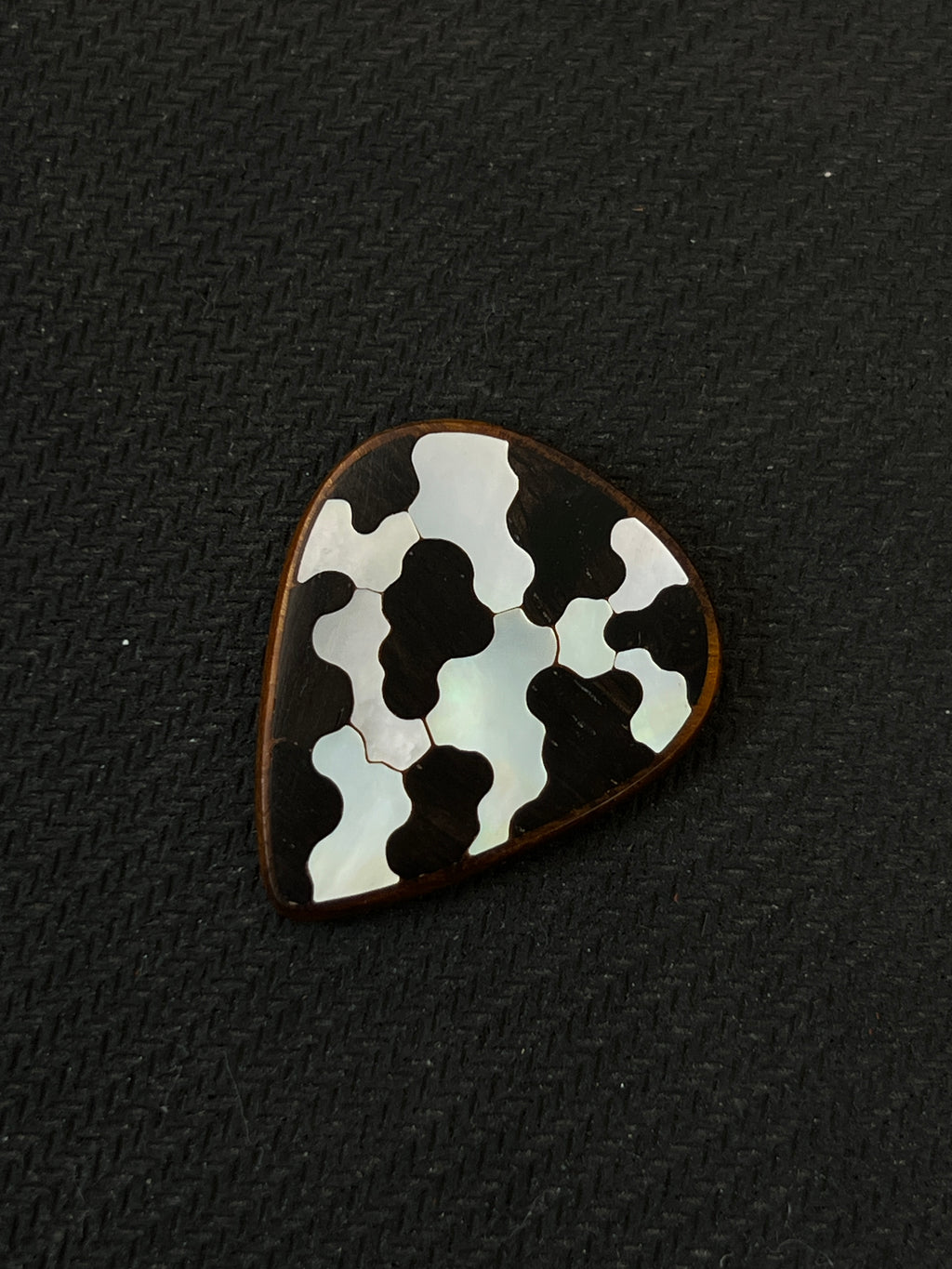 Handmade Wooden Guitar Pick with Mother of Pearl Cow Print Inlay