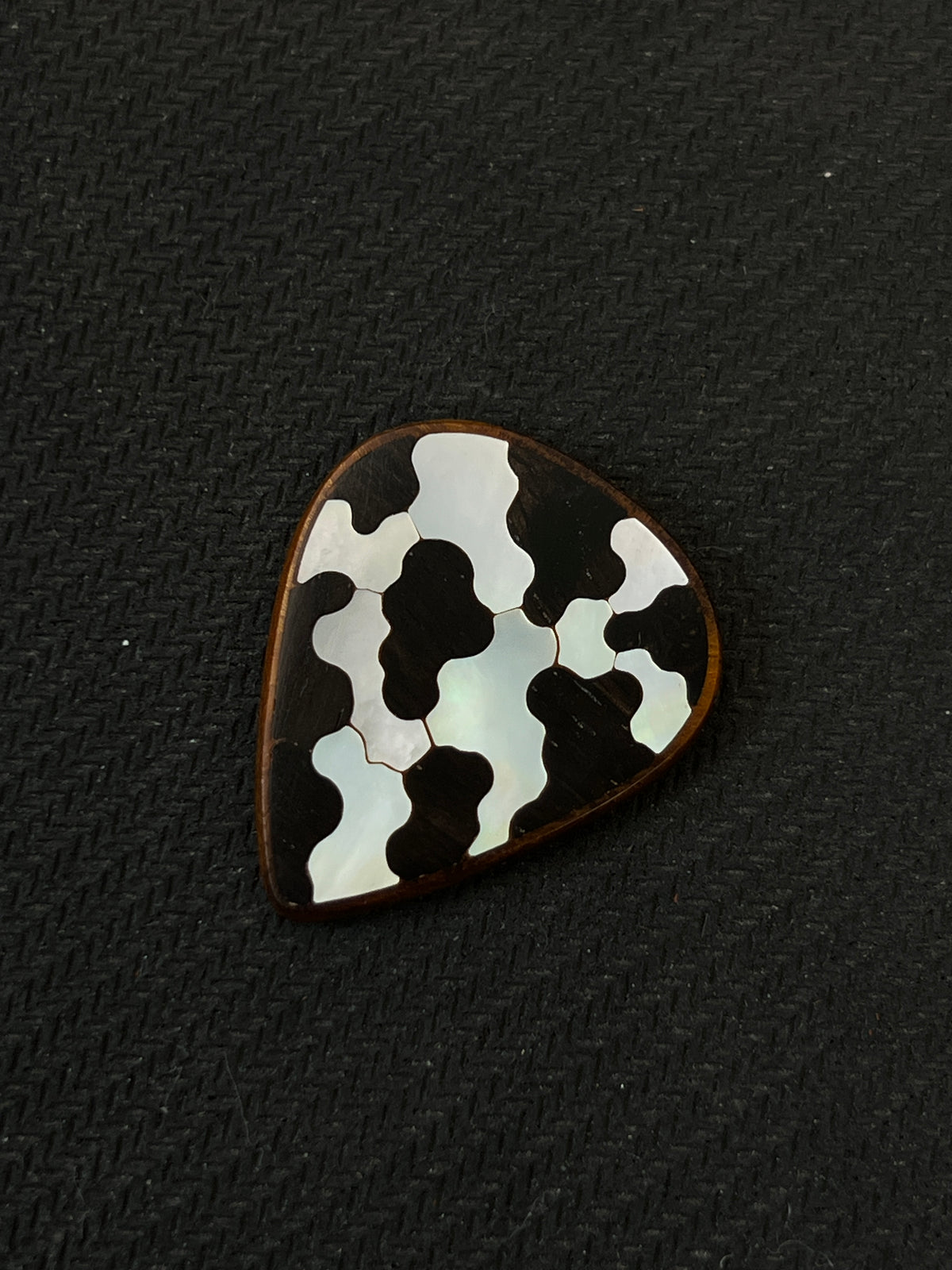 Handmade Wooden Guitar Pick with Mother of Pearl Cow Print Inlay