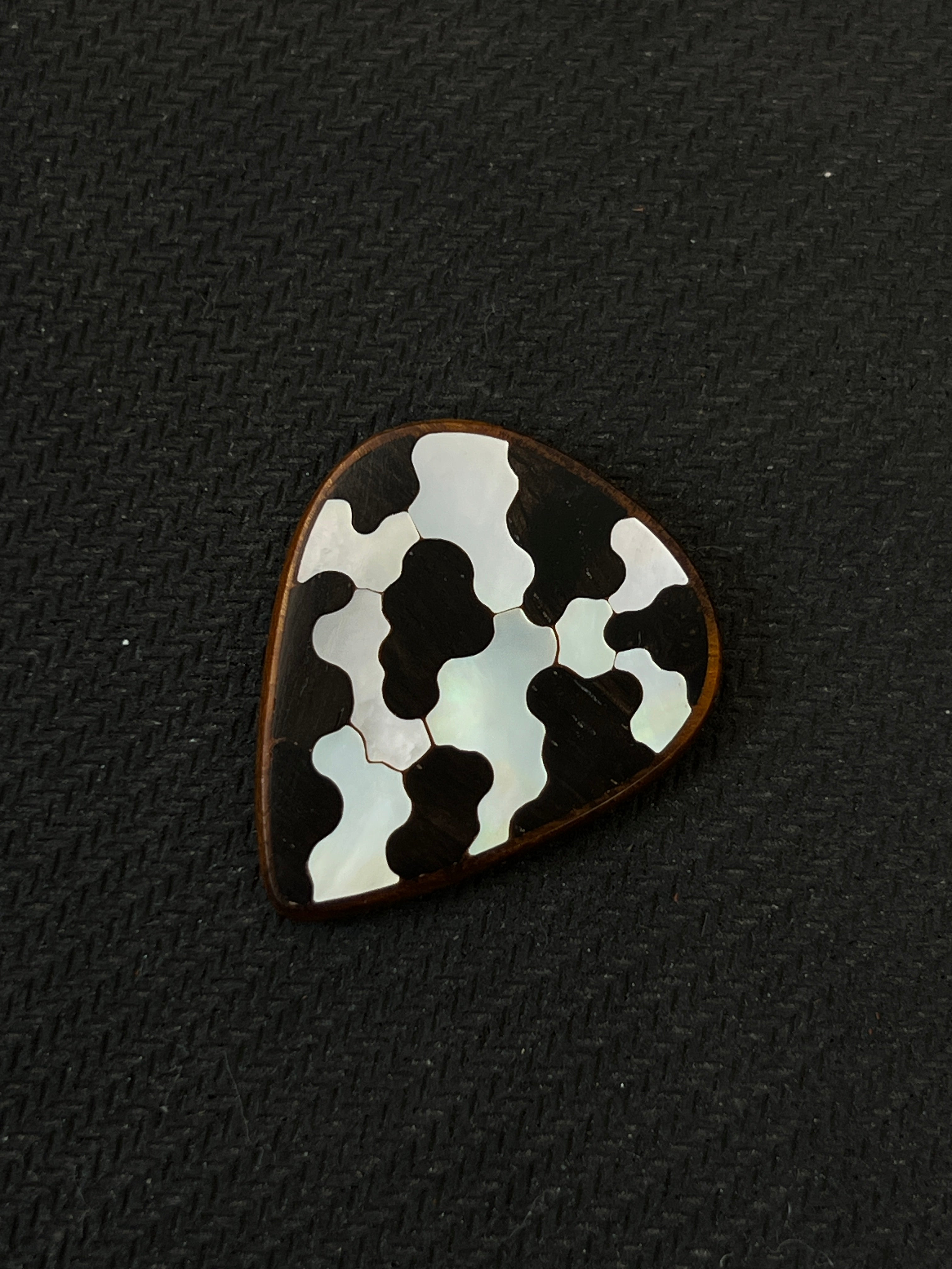 Handmade Wooden Guitar Pick with Mother of Pearl Cow Print Inlay
