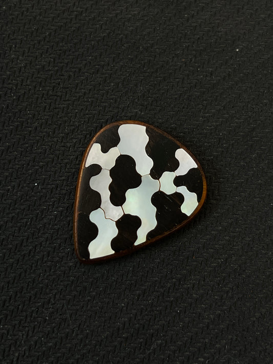 Handmade Wooden Guitar Pick with Mother of Pearl Cow Print Inlay