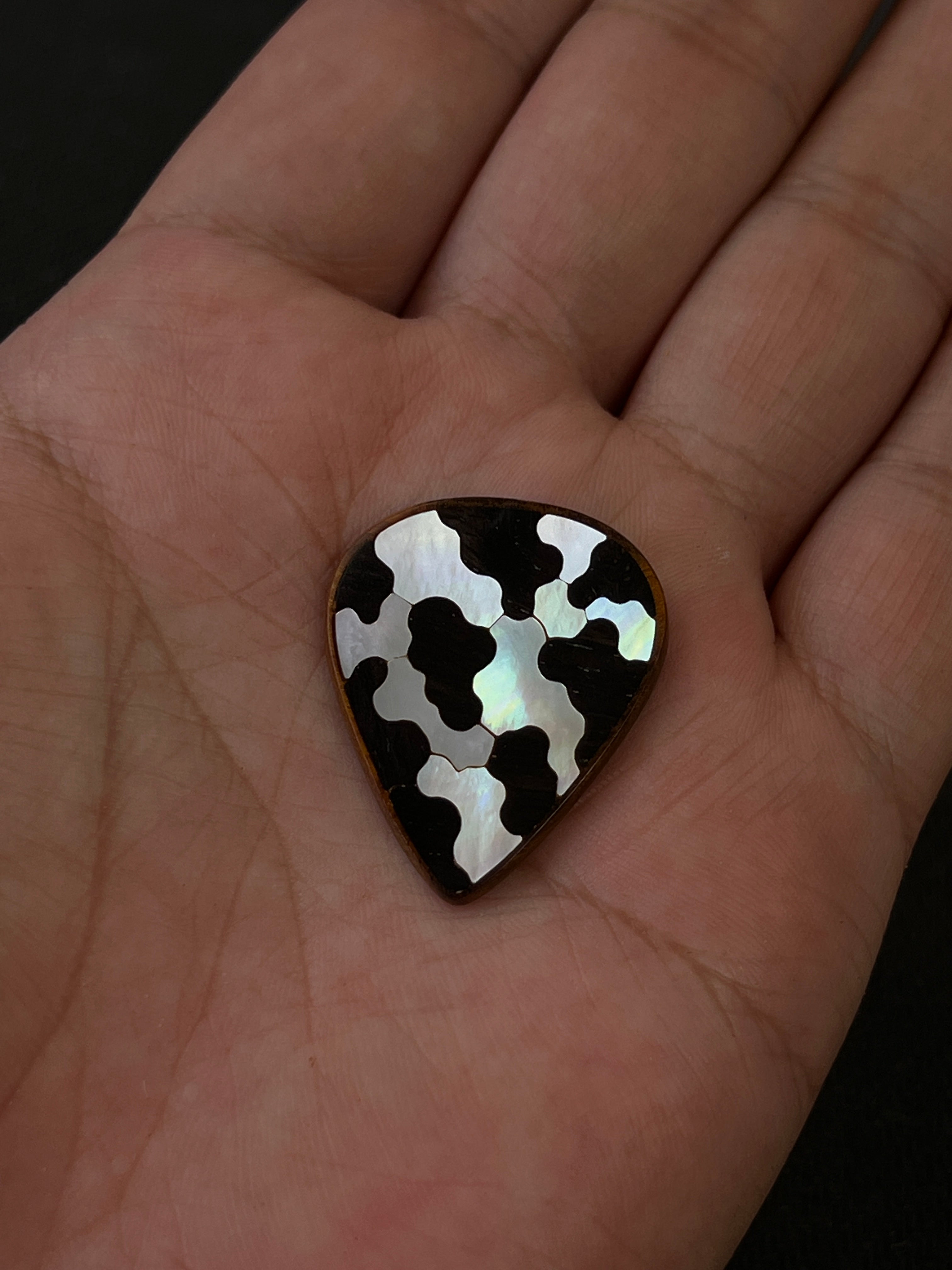 Handmade Wooden Guitar Pick with Mother of Pearl Cow Print Inlay