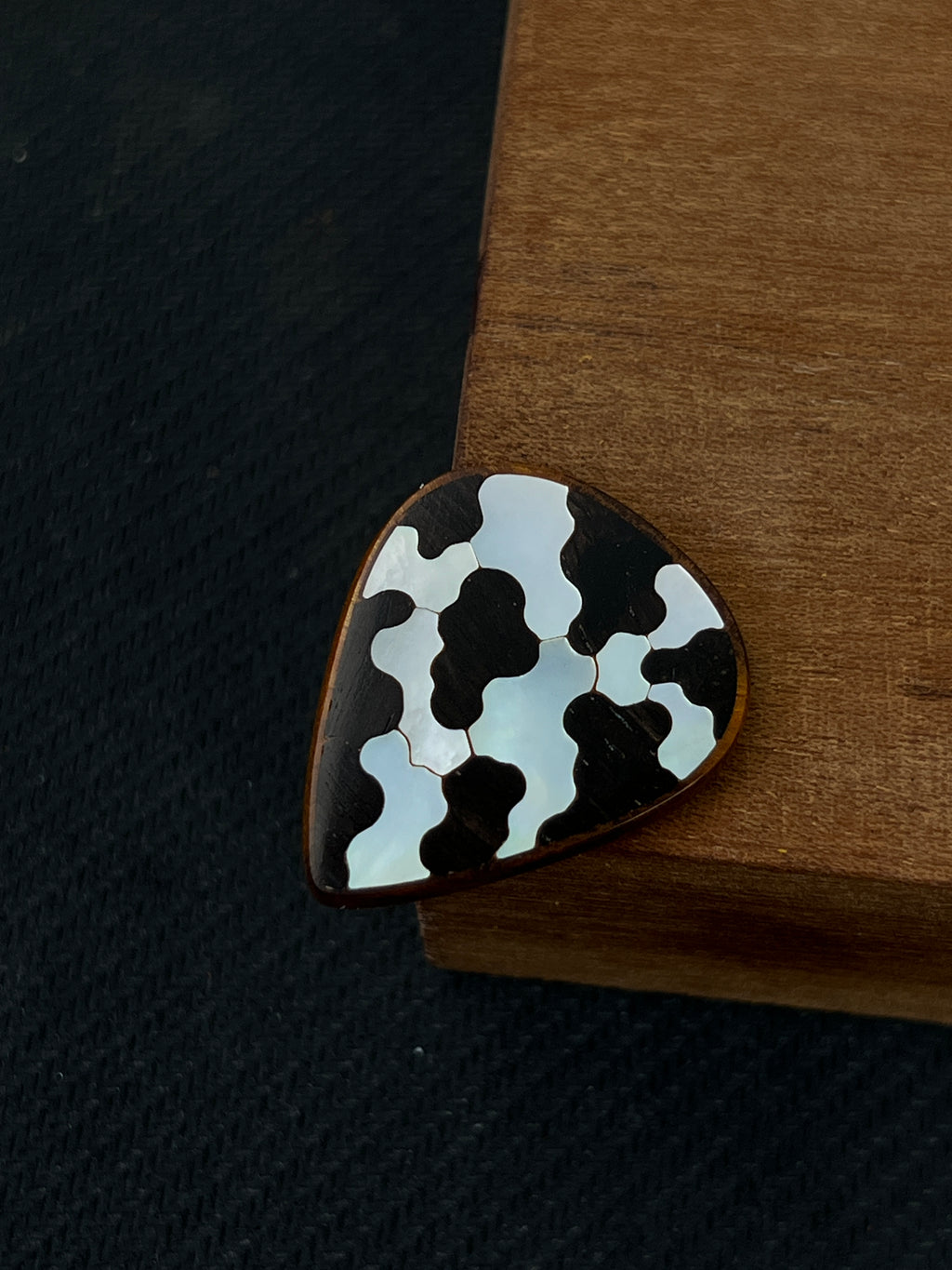 Handmade Wooden Guitar Pick with Mother of Pearl Cow Print Inlay