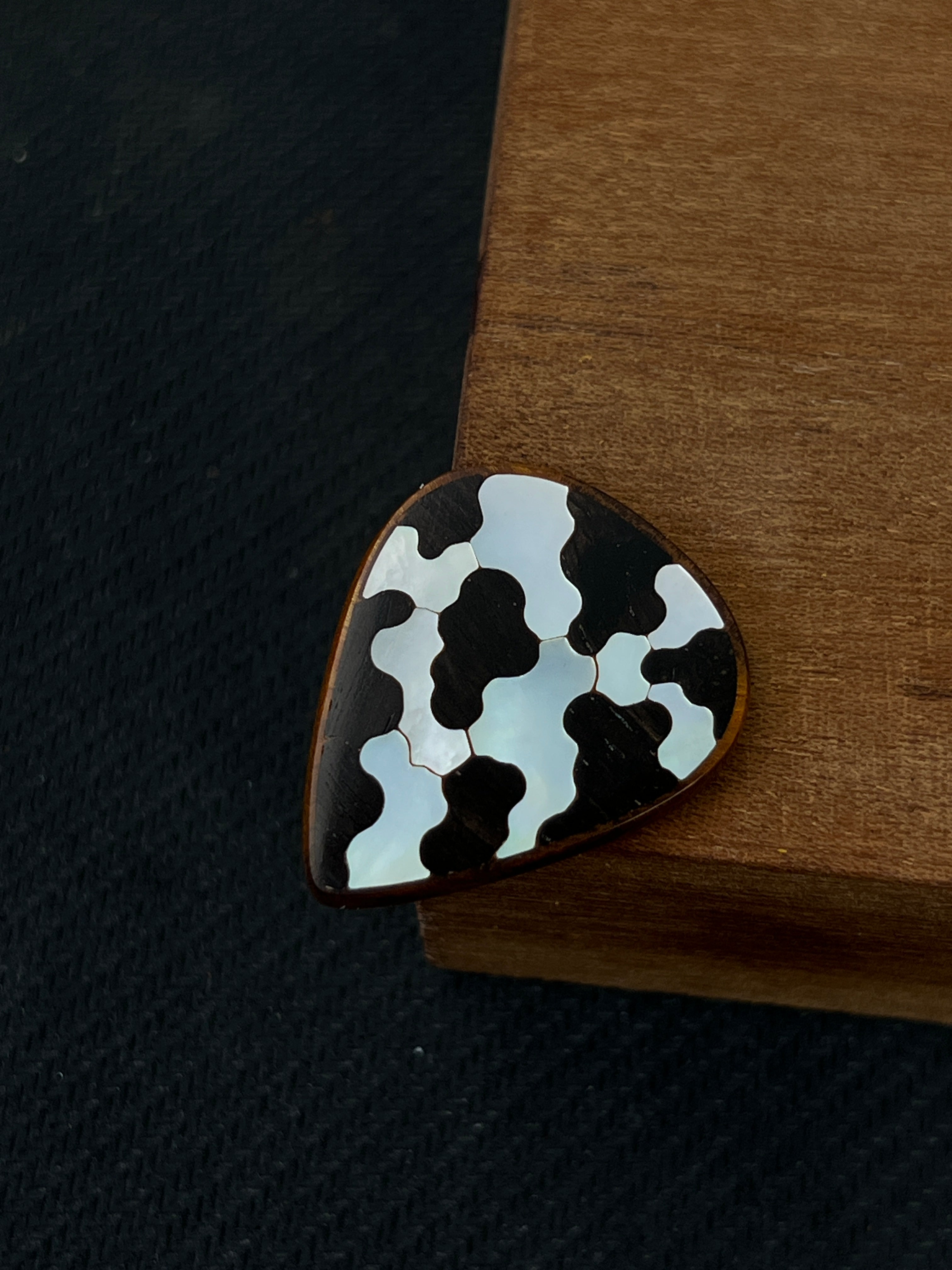 Handmade Wooden Guitar Pick with Mother of Pearl Cow Print Inlay