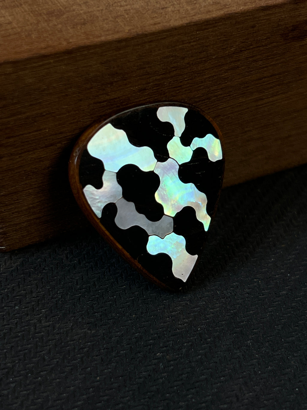 Handmade Wooden Guitar Pick with Mother of Pearl Cow Print Inlay