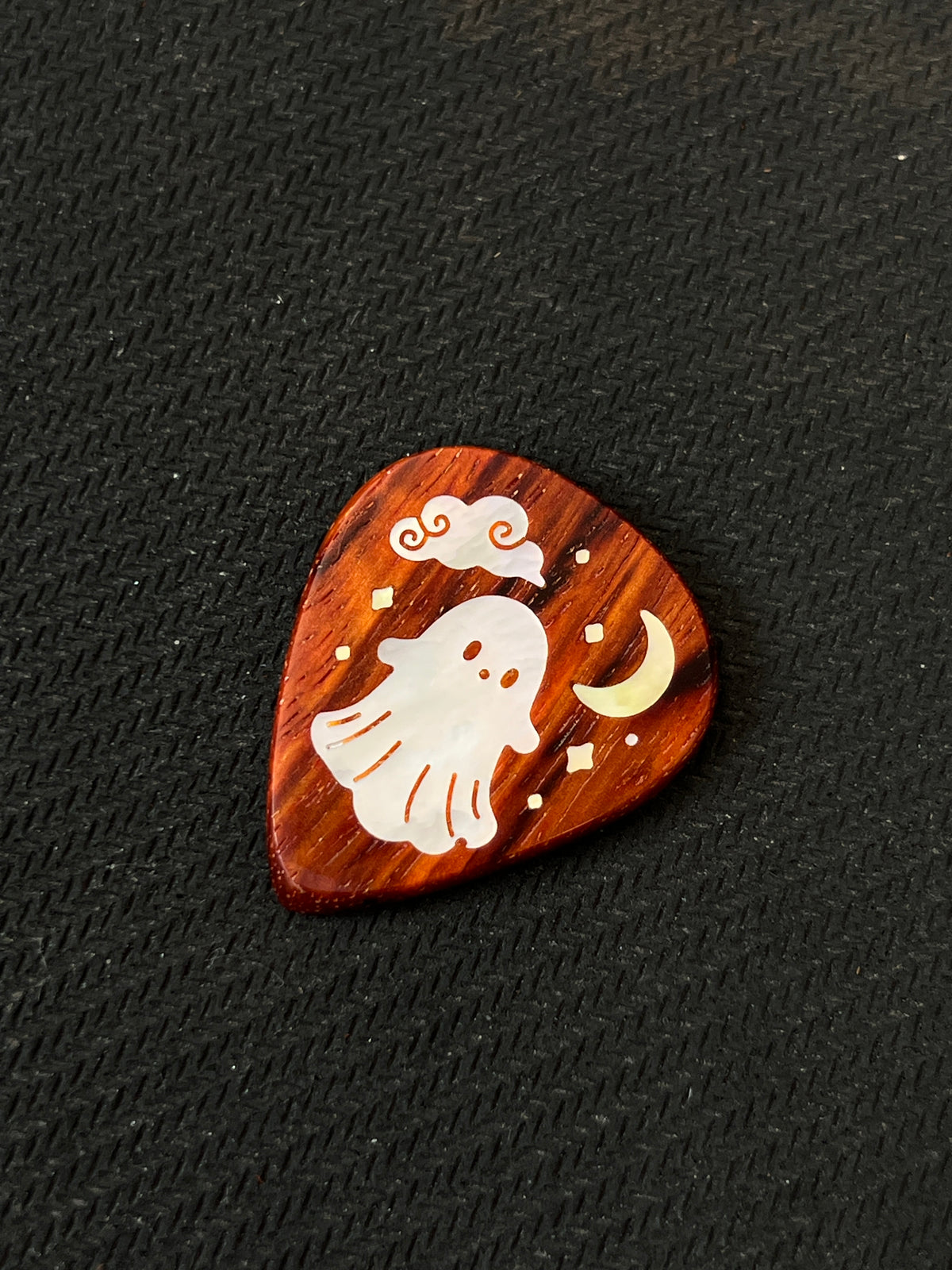 Handmade Wooden Guitar Pick with Cute Ghost Mother of Pearl Inlay