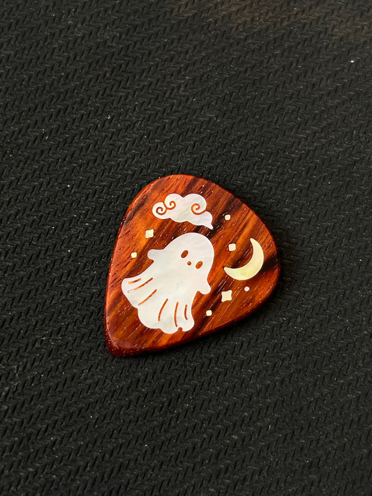 Handmade Wooden Guitar Pick with Cute Ghost Mother of Pearl Inlay