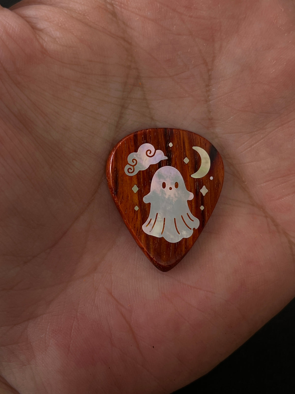 Handmade Wooden Guitar Pick with Cute Ghost Mother of Pearl Inlay