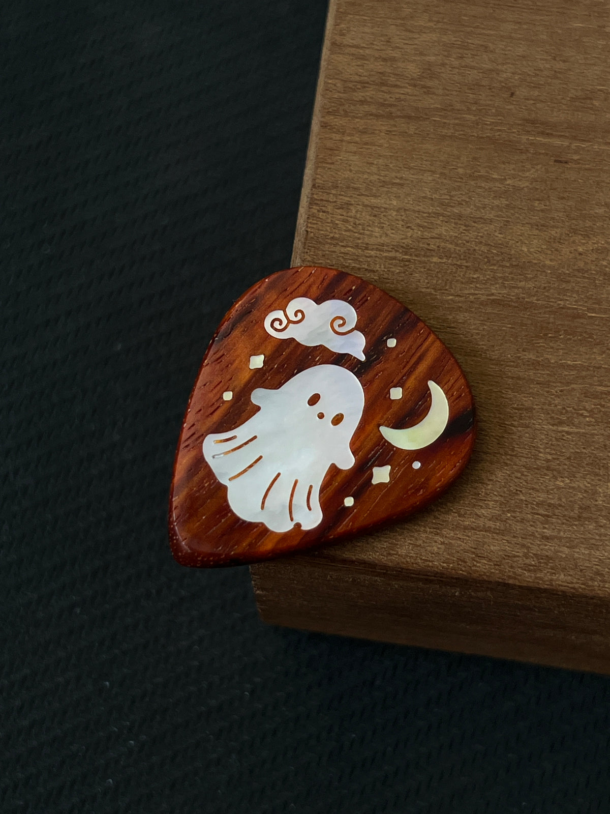 Handmade Wooden Guitar Pick with Cute Ghost Mother of Pearl Inlay