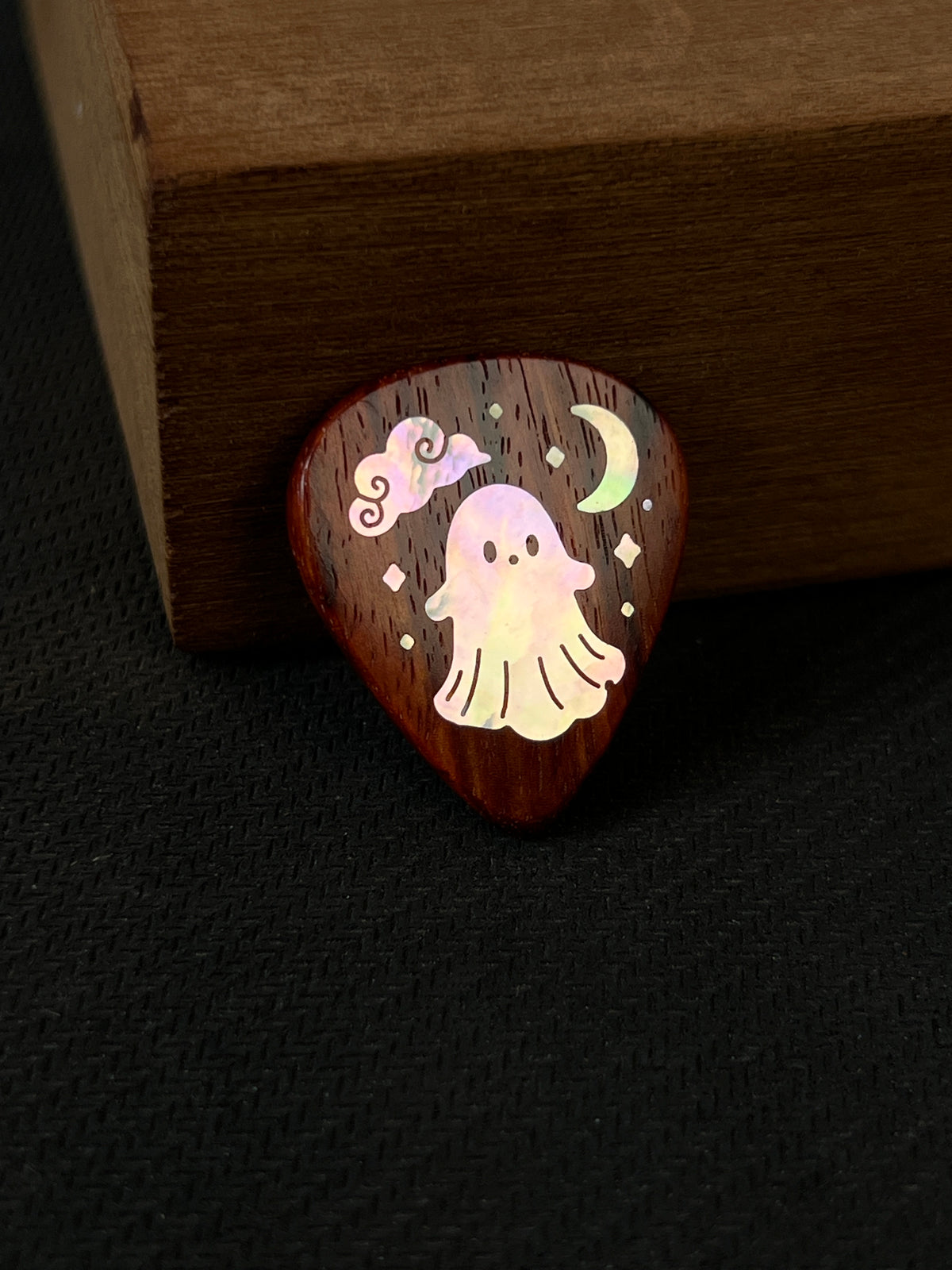 Handmade Wooden Guitar Pick with Cute Ghost Mother of Pearl Inlay