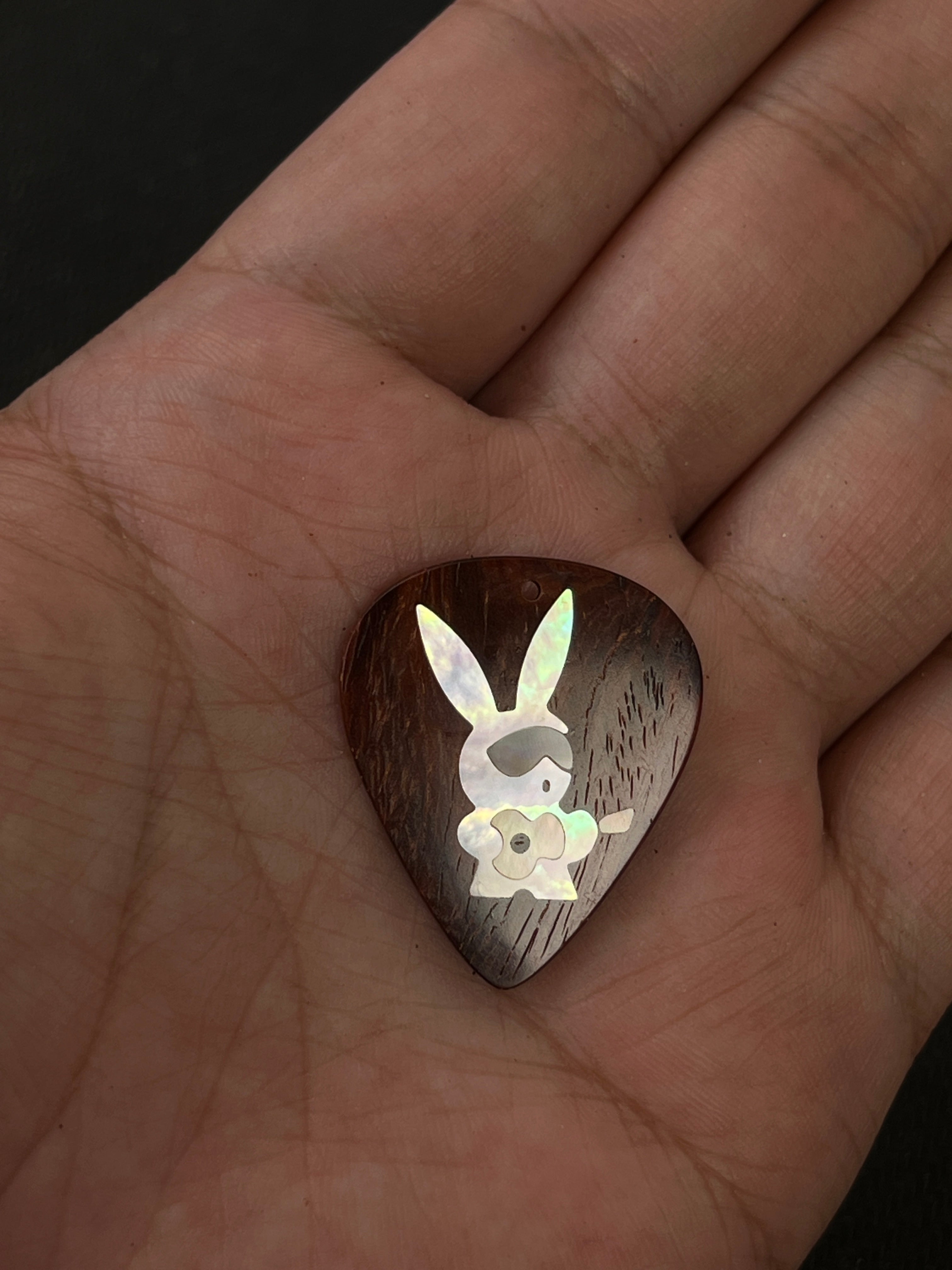 Handmade Wooden Guitar Pick with Mother of Pearl Rabbit Inlay