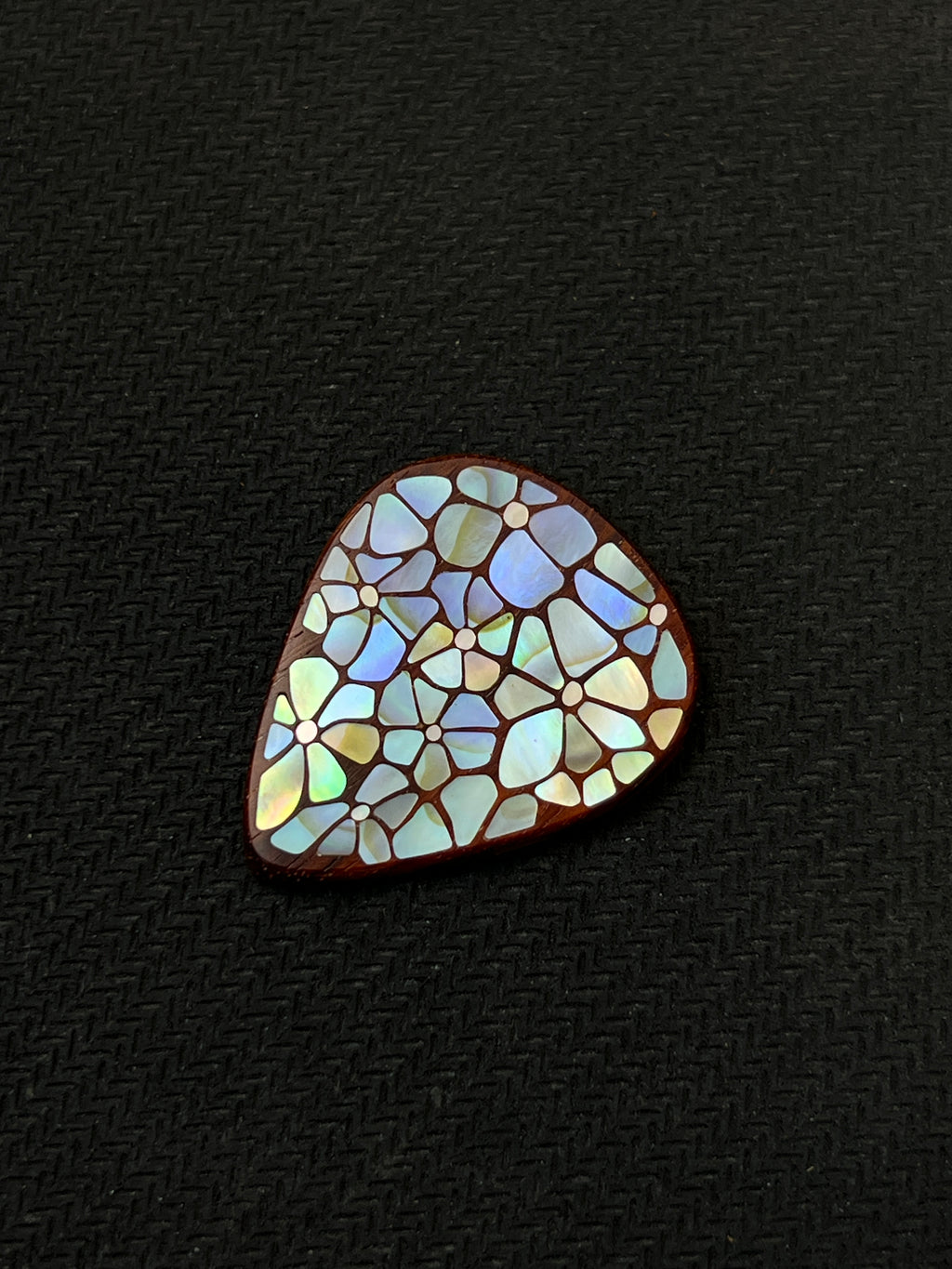 Handmade Wooden Guitar Pick with Mother of Pearl Floral Inlay