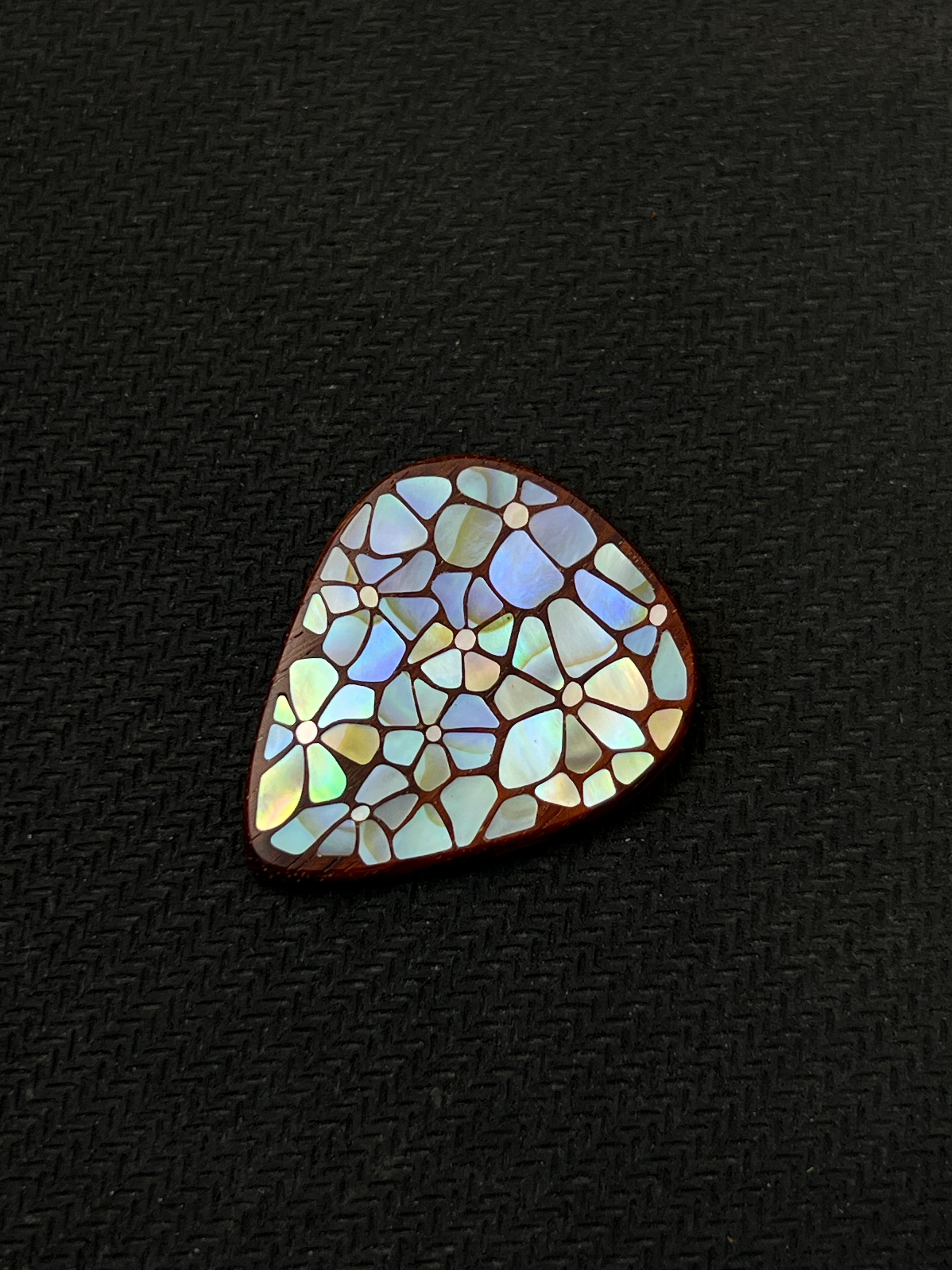 Handmade Wooden Guitar Pick with Mother of Pearl Floral Inlay
