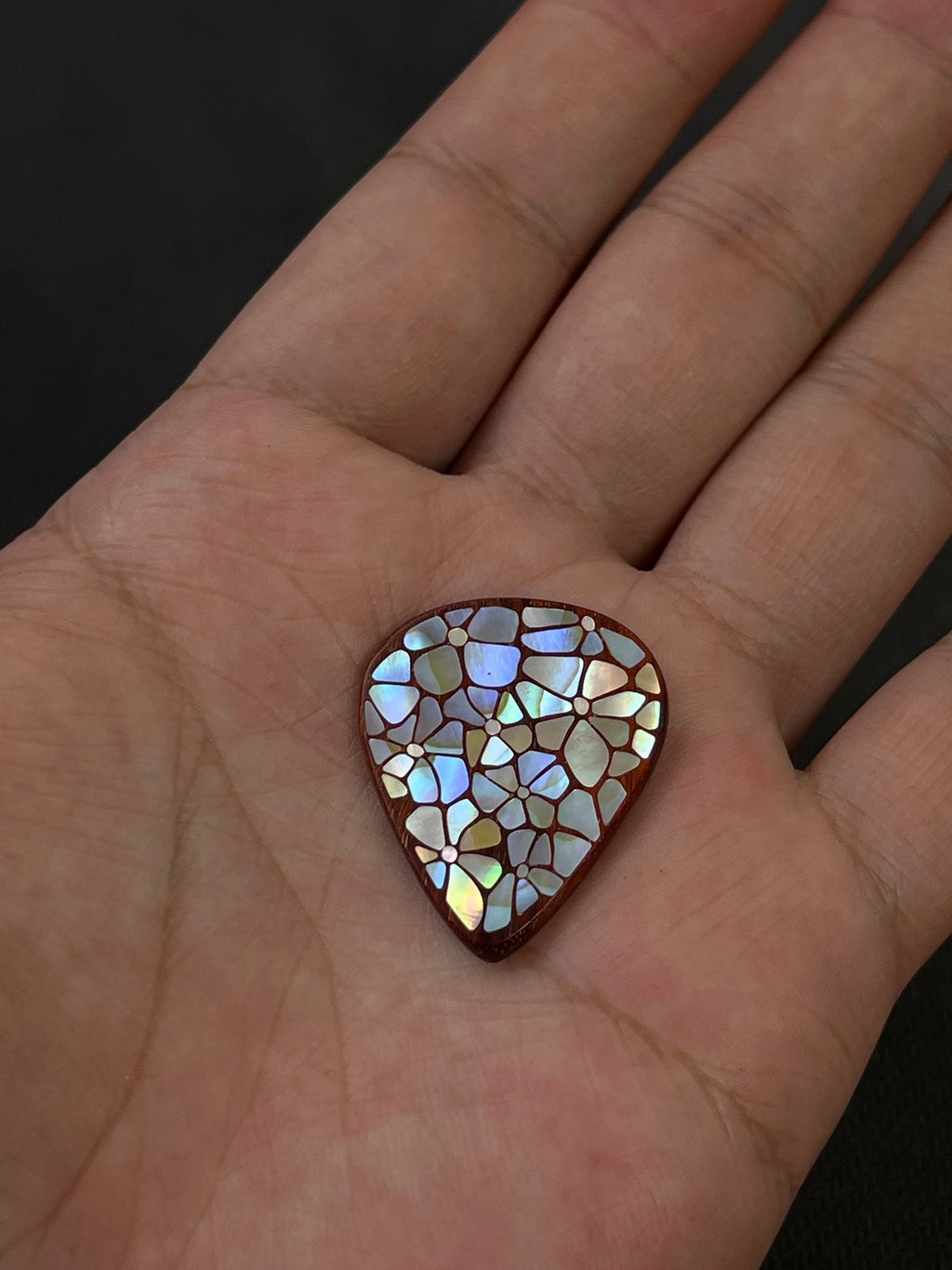 Handmade Wooden Guitar Pick with Mother of Pearl Floral Inlay