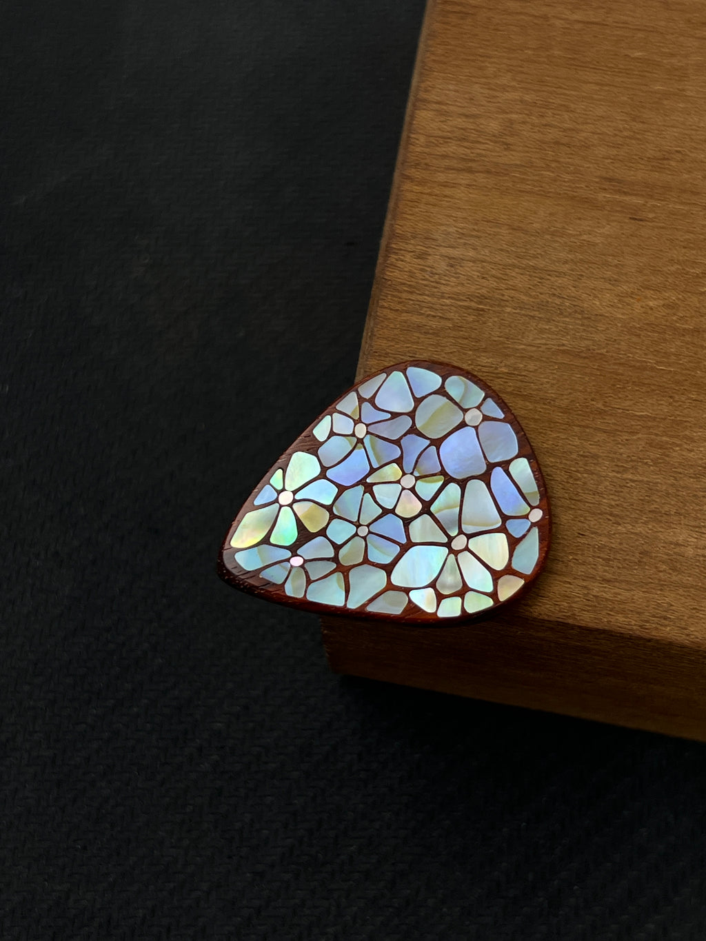 Handmade Wooden Guitar Pick with Mother of Pearl Floral Inlay