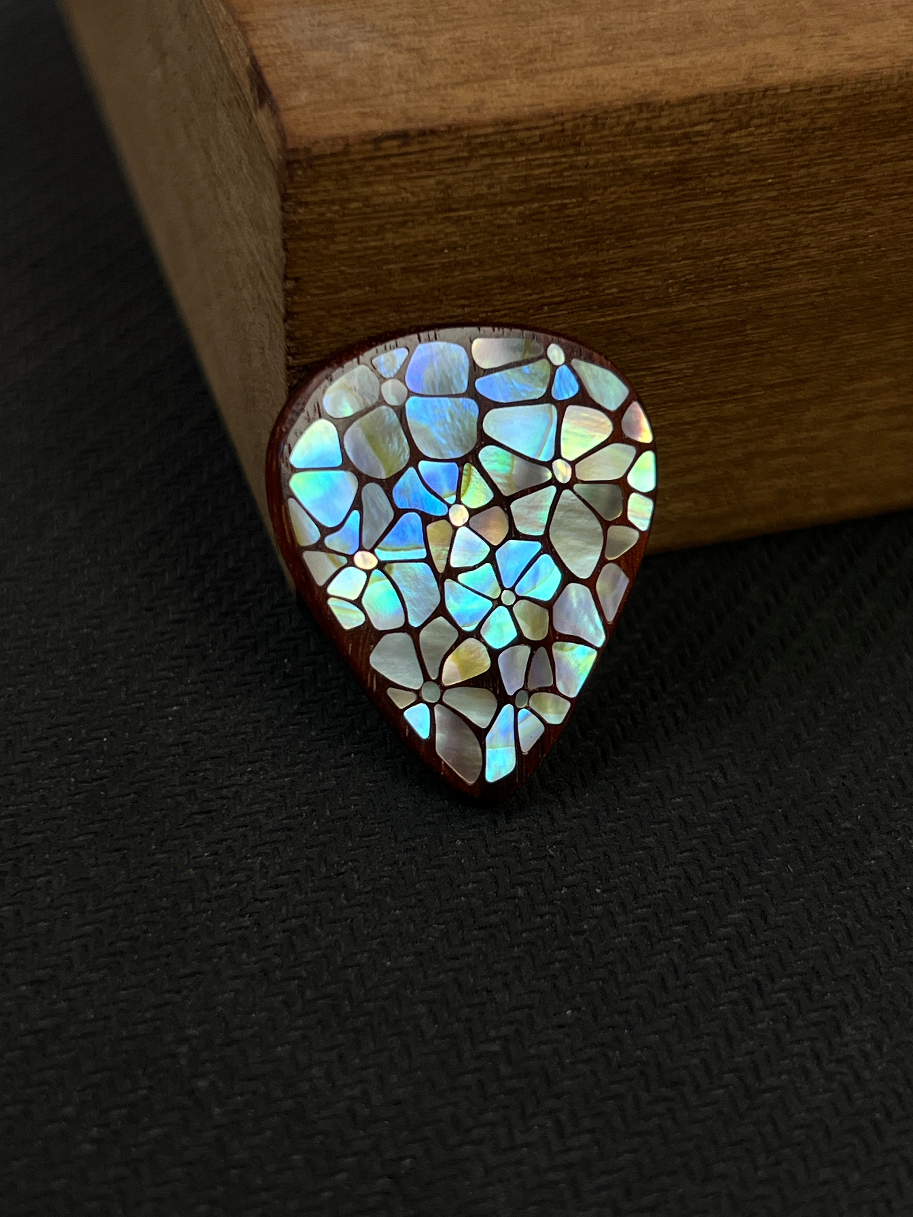 Handmade Wooden Guitar Pick with Mother of Pearl Floral Inlay