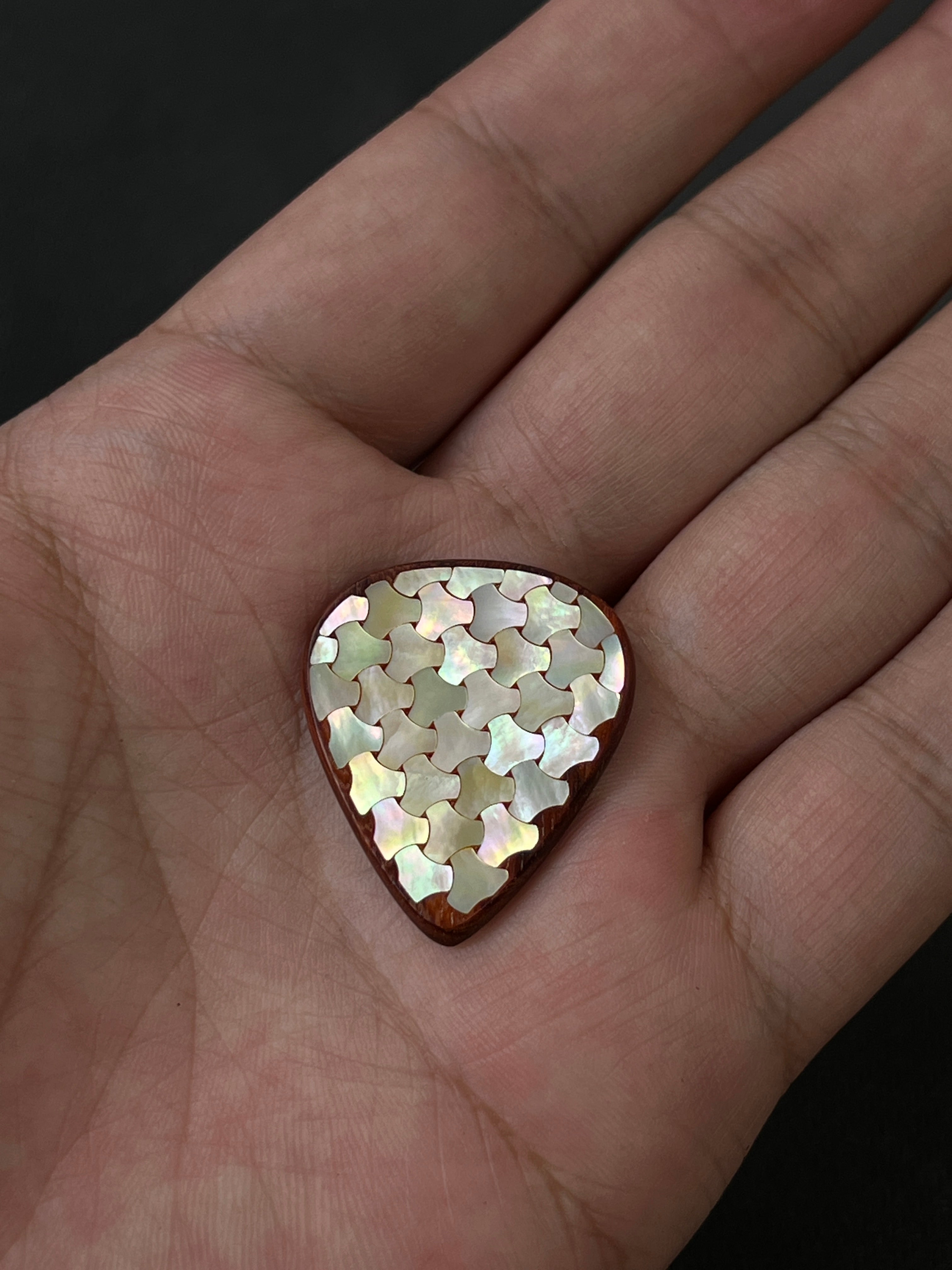 Handcrafted Rosewood Guitar Pick with Mother of Pearl Mountain Inlay