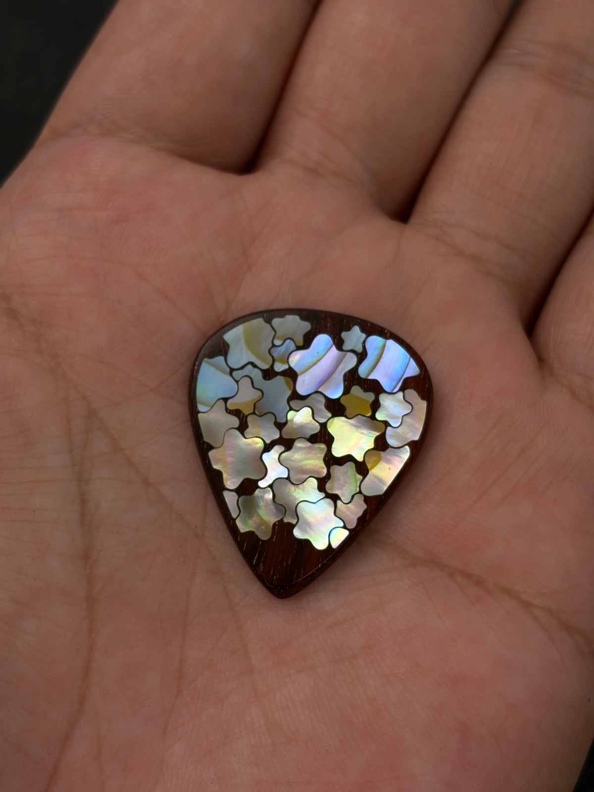Handmade Wooden Guitar Pick with Colorful Mother of Pearl Starfish Inlay