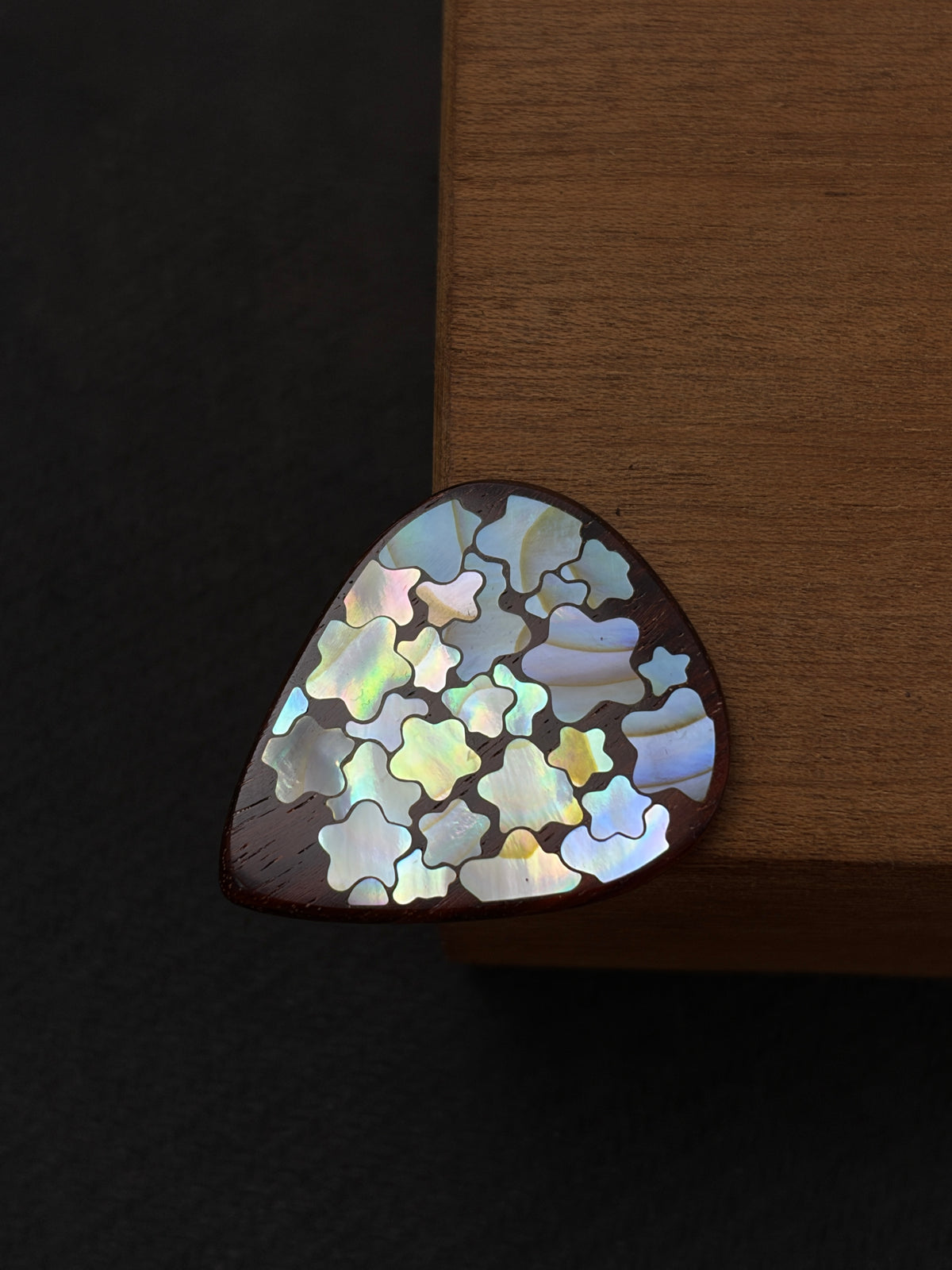 Handmade Wooden Guitar Pick with Colorful Mother of Pearl Star Inlay