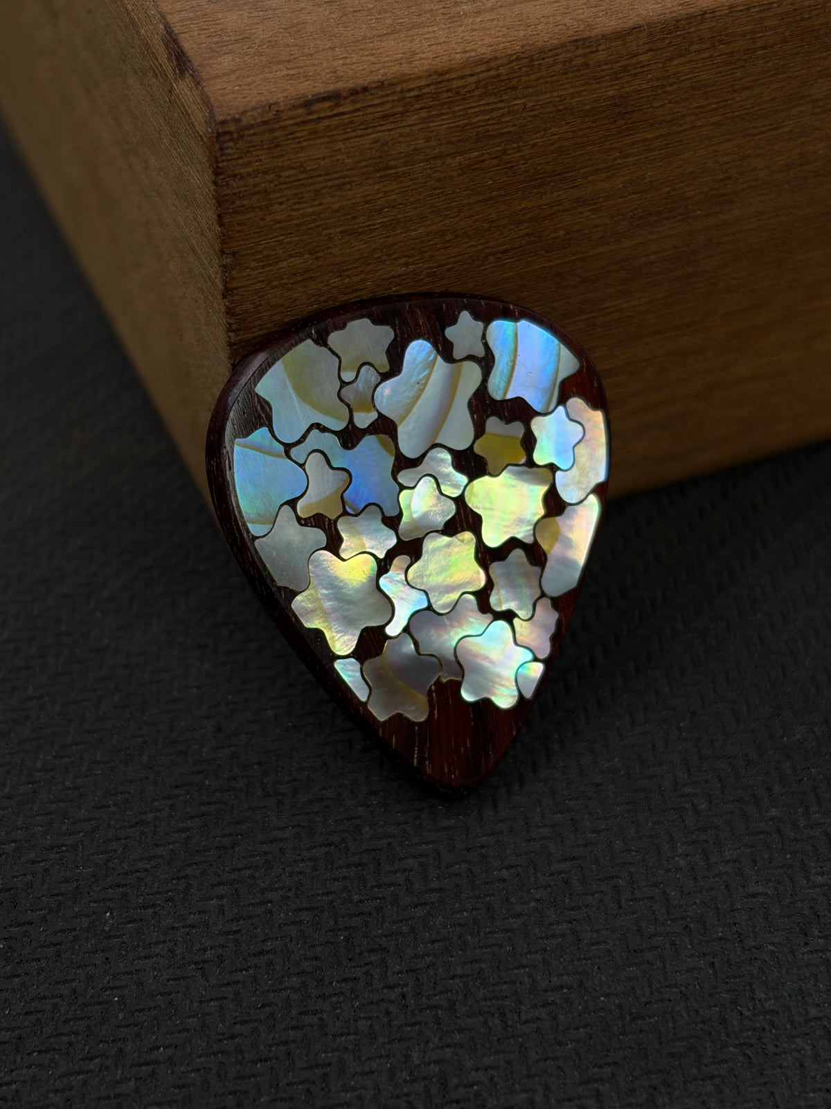 Handmade Wooden Guitar Pick with Colorful Mother of Pearl Star Inlay