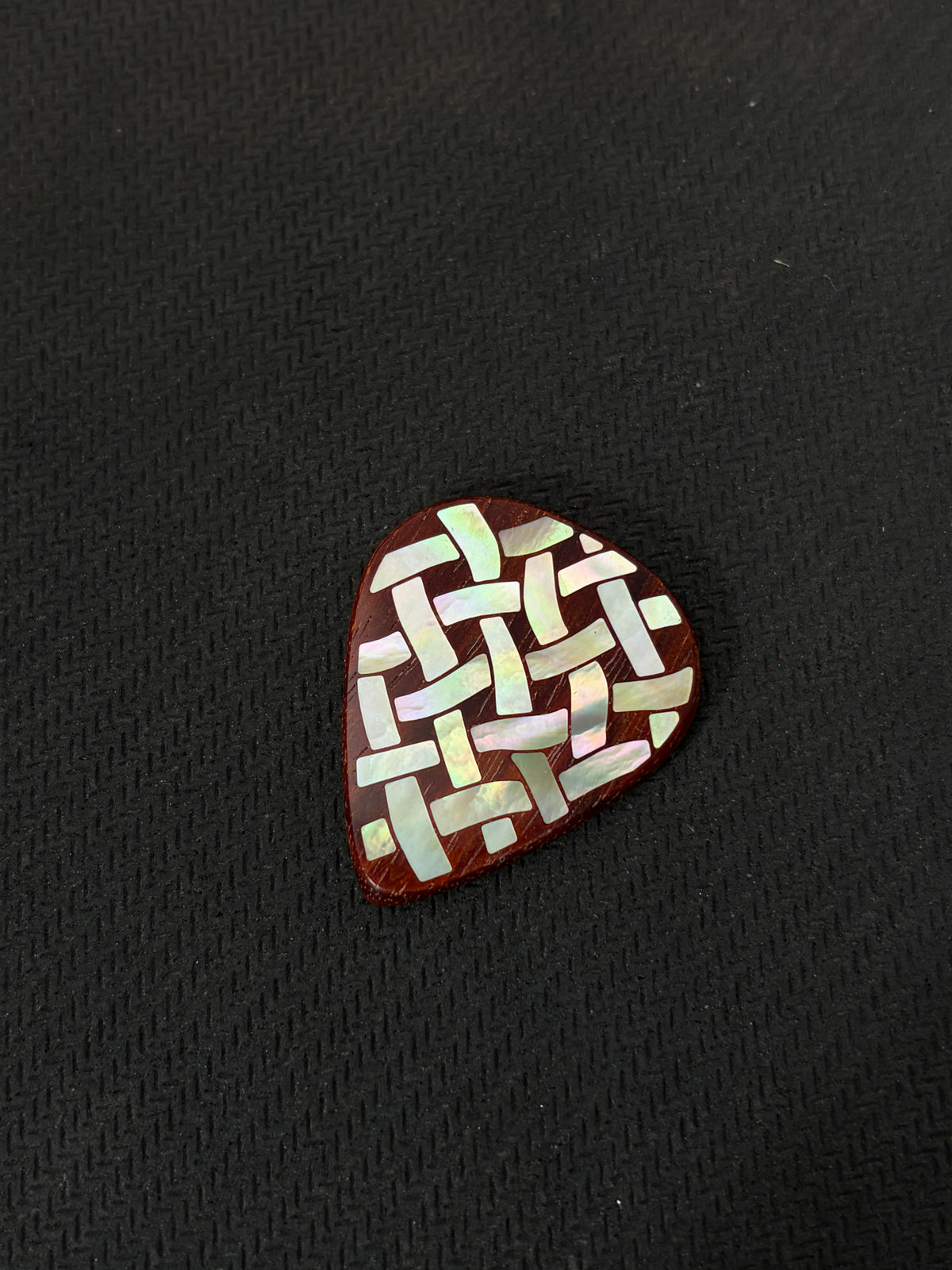 Handmade Wooden Guitar Pick with Mother of Pearl Woven Pattern Inlay