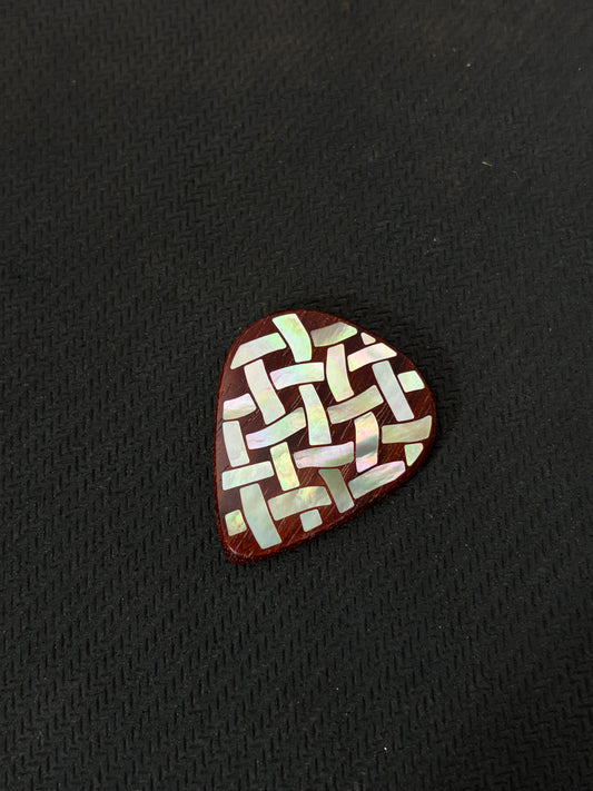 Handmade Wooden Guitar Pick with Mother of Pearl Woven Pattern Inlay