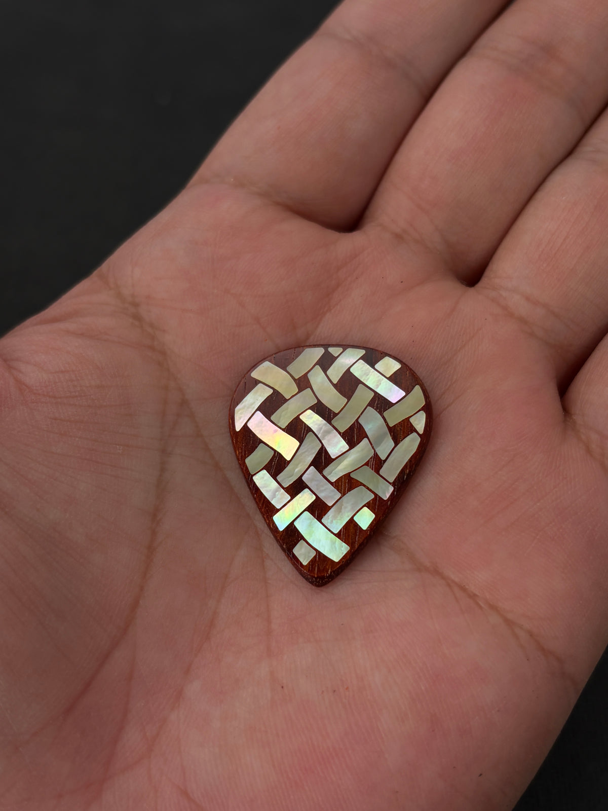 Handmade Wooden Guitar Pick with Mother of Pearl Woven Pattern Inlay