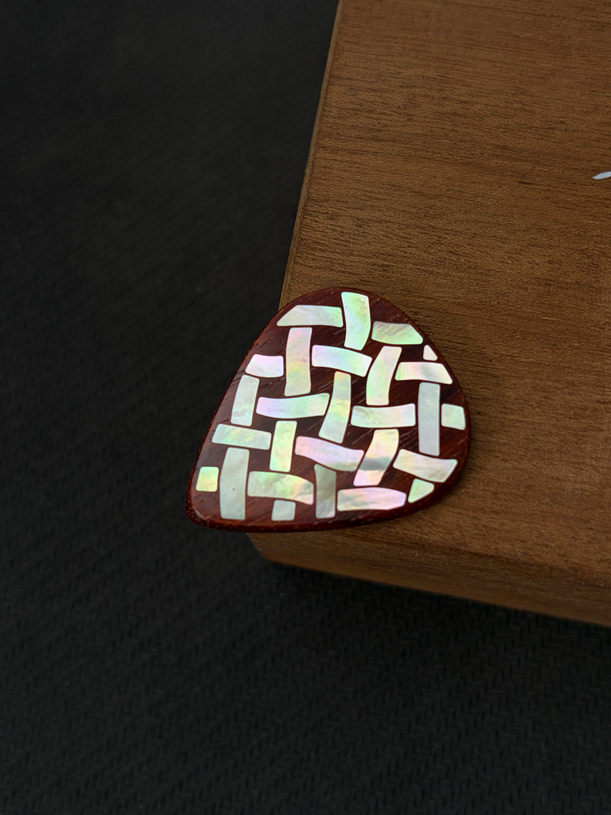Handmade Wooden Guitar Pick with Mother of Pearl Woven Pattern Inlay
