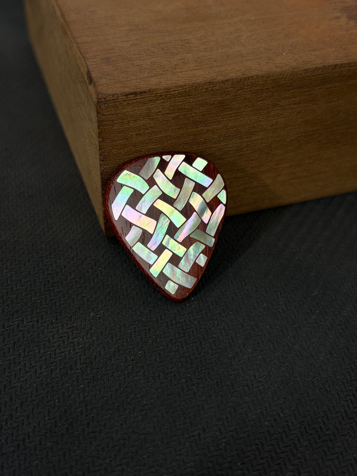 Handmade Wooden Guitar Pick with Mother of Pearl Woven Pattern Inlay