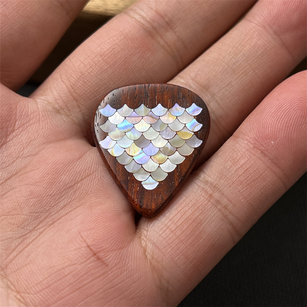 Handmade Wooden Guitar Pick with Small Dragon Scale Mother of Pearl Inlay