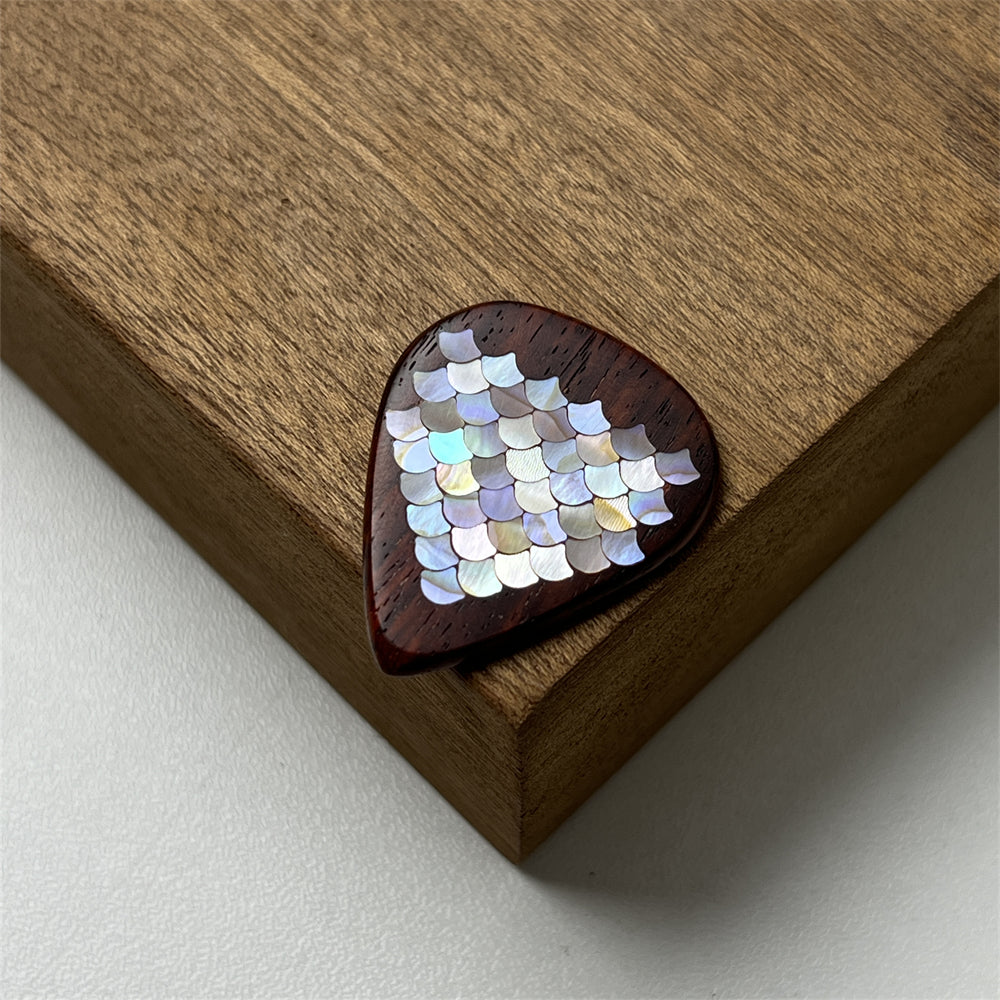 Handmade Wooden Guitar Pick with Small Dragon Scale Mother of Pearl Inlay