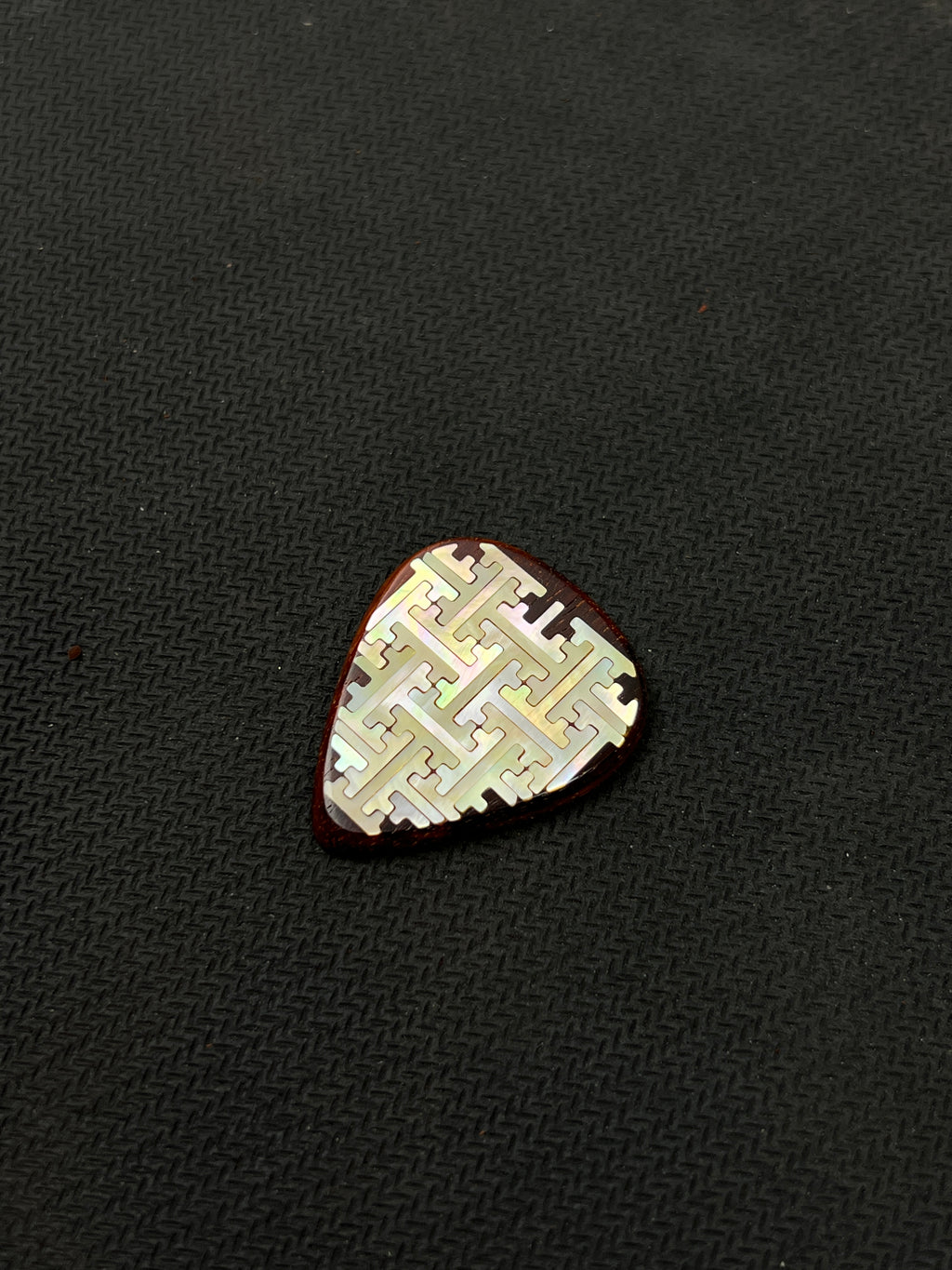 Handmade Wooden Guitar Pick with Mother of Pearl Geometric Swastika Pattern Inlay