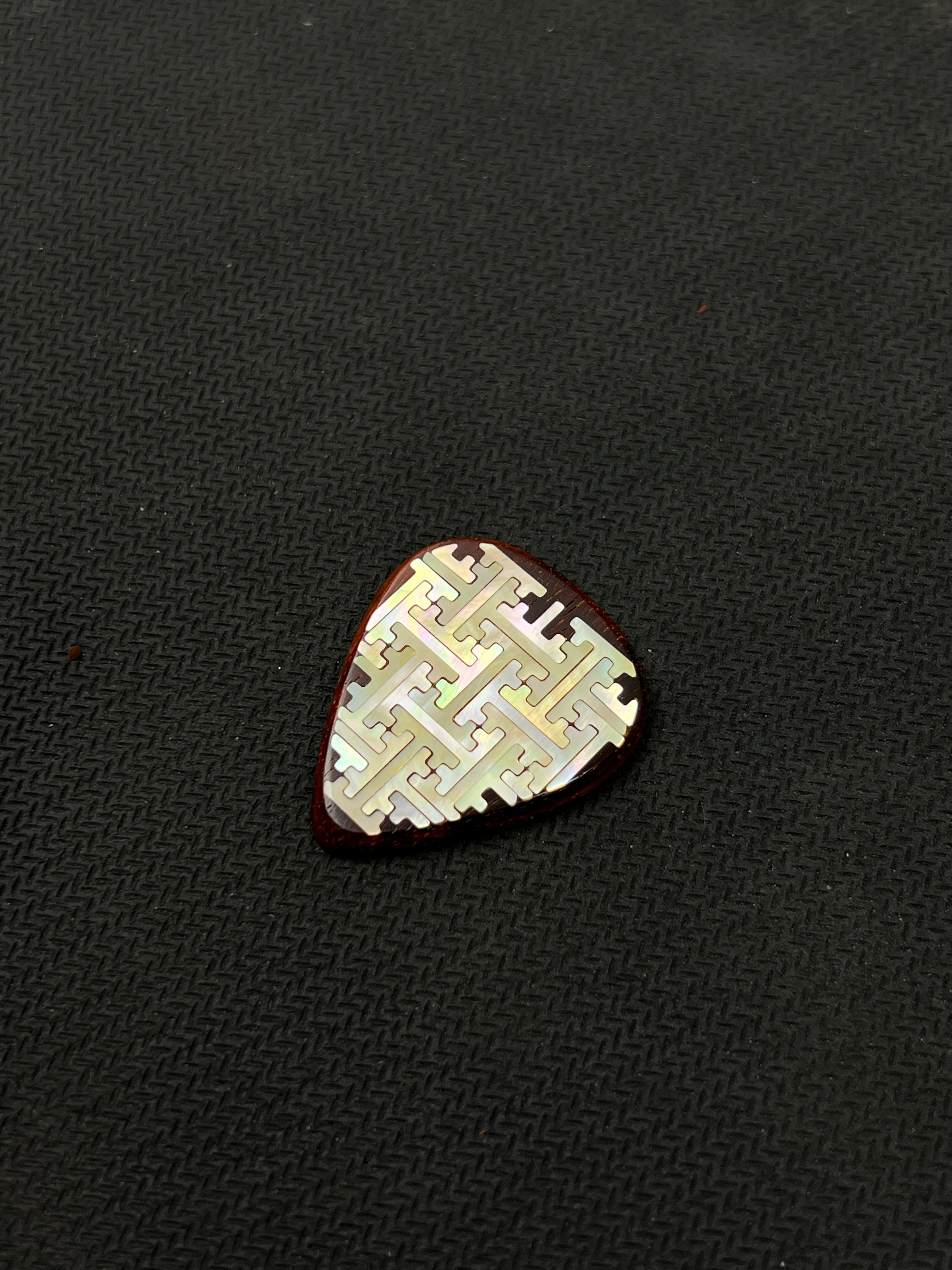 Handmade Wooden Guitar Pick with Mother of Pearl Geometric Swastika Pattern Inlay