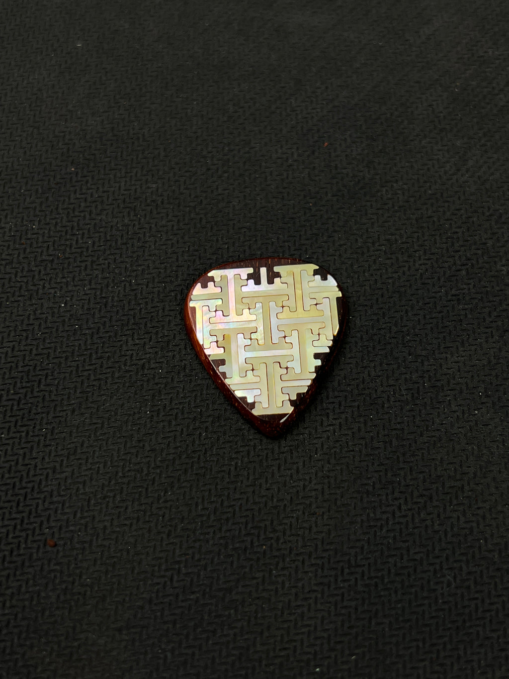 Handmade Wooden Guitar Pick with Mother of Pearl Geometric Swastika Pattern Inlay