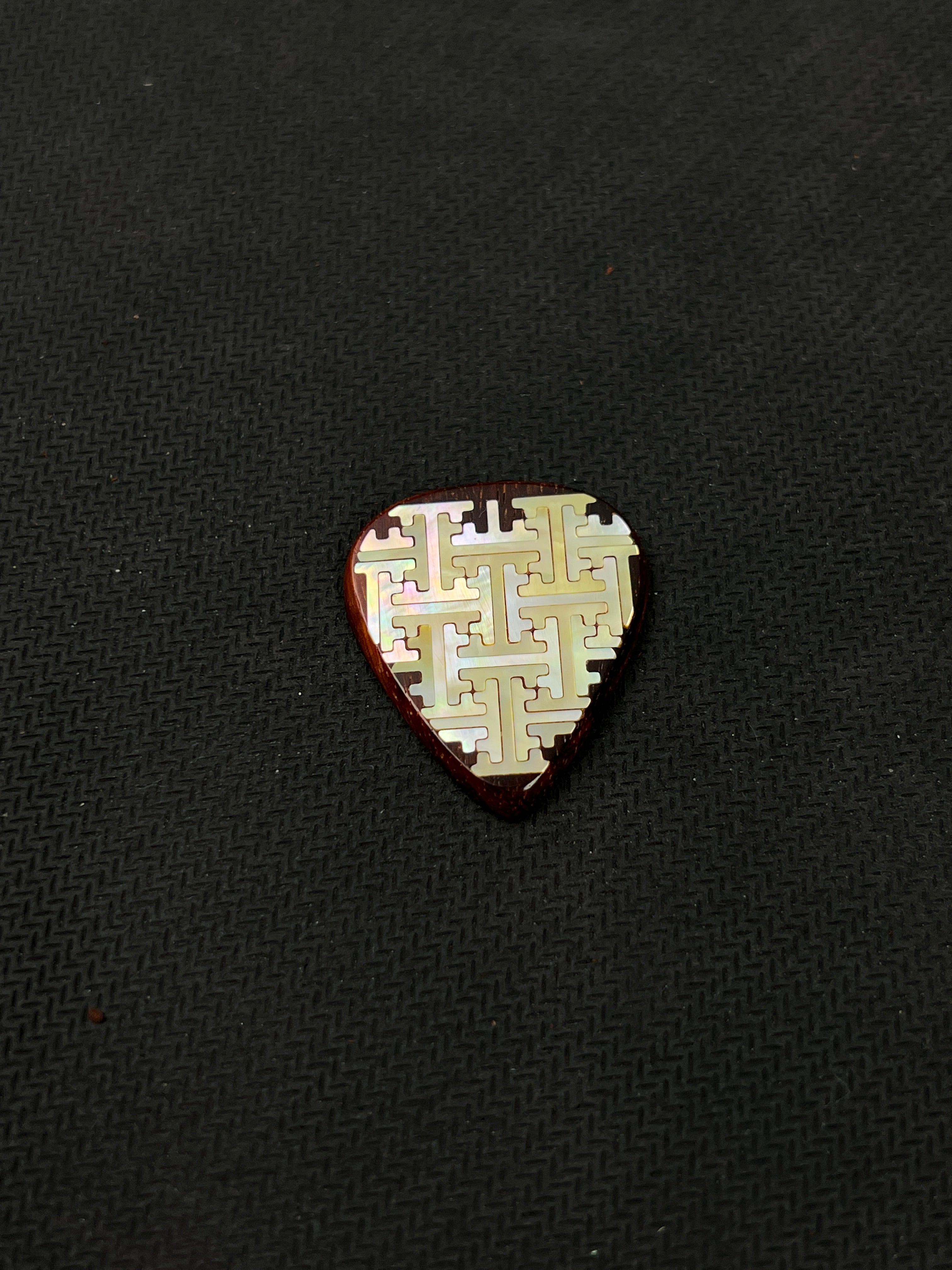 Handmade Wooden Guitar Pick with Mother of Pearl Geometric Swastika Pattern Inlay