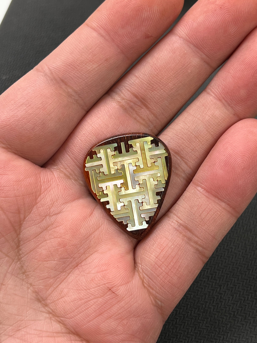 Handmade Wooden Guitar Pick with Mother of Pearl Geometric Swastika Pattern Inlay
