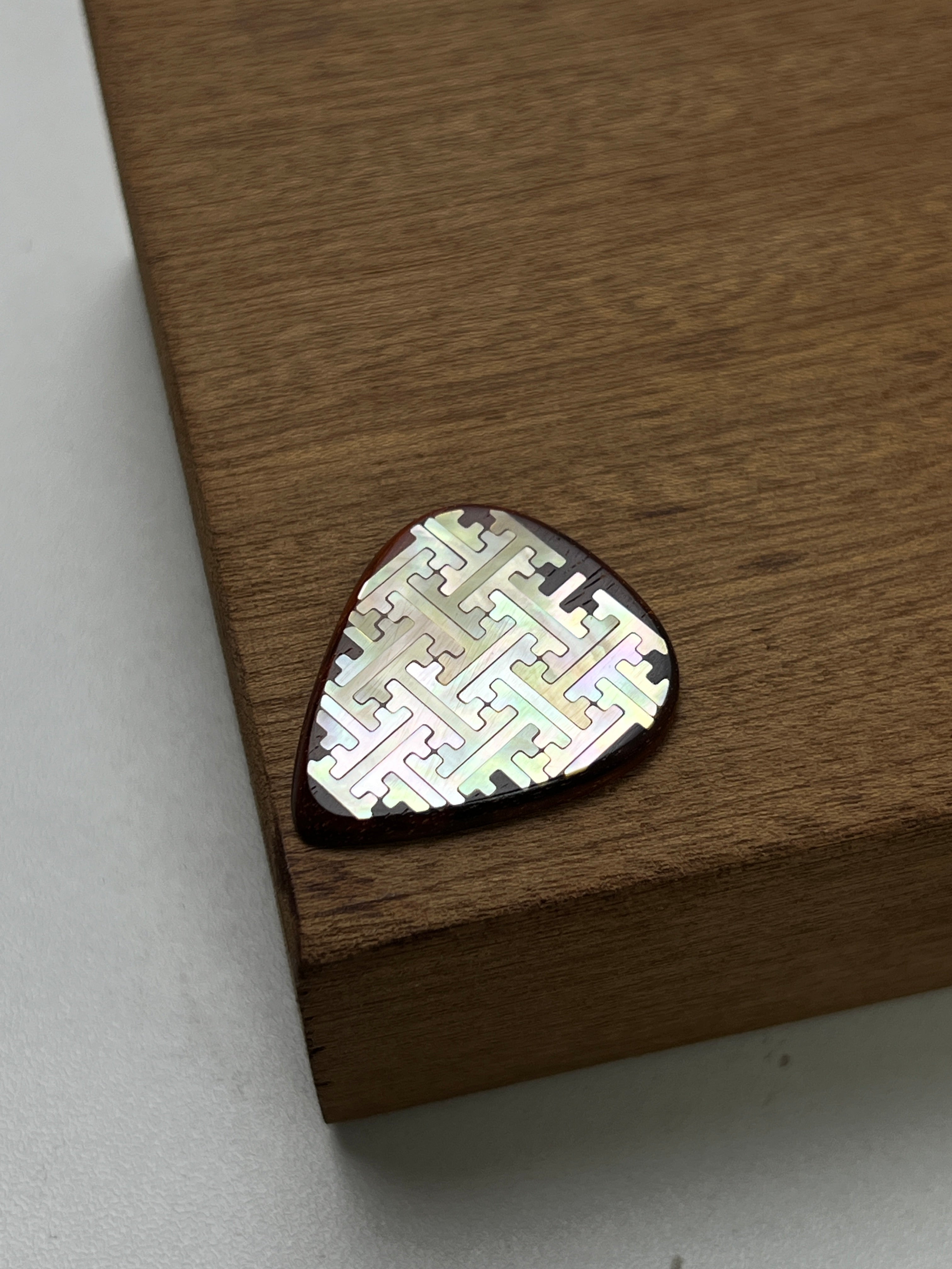 Handmade Wooden Guitar Pick with Mother of Pearl Geometric Swastika Pattern Inlay
