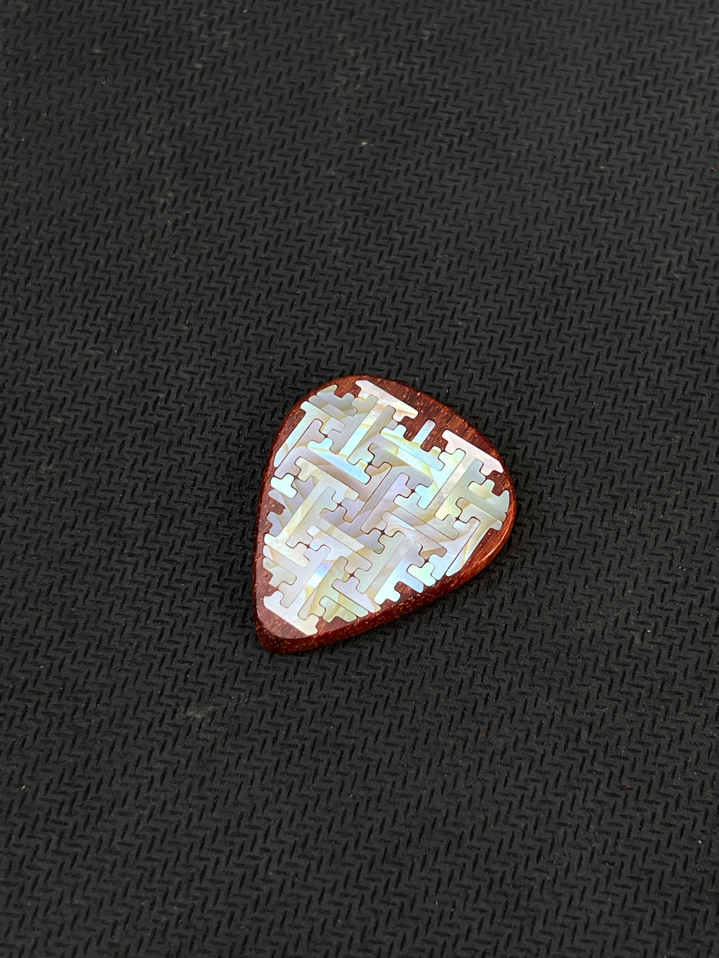 Handmade Wooden Guitar Pick with Mother of Pearl Geometric Swastika Pattern Inlay