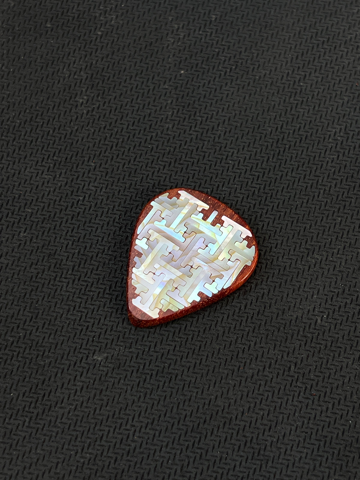 Handmade Wooden Guitar Pick with Mother of Pearl Geometric Swastika Pattern Inlay