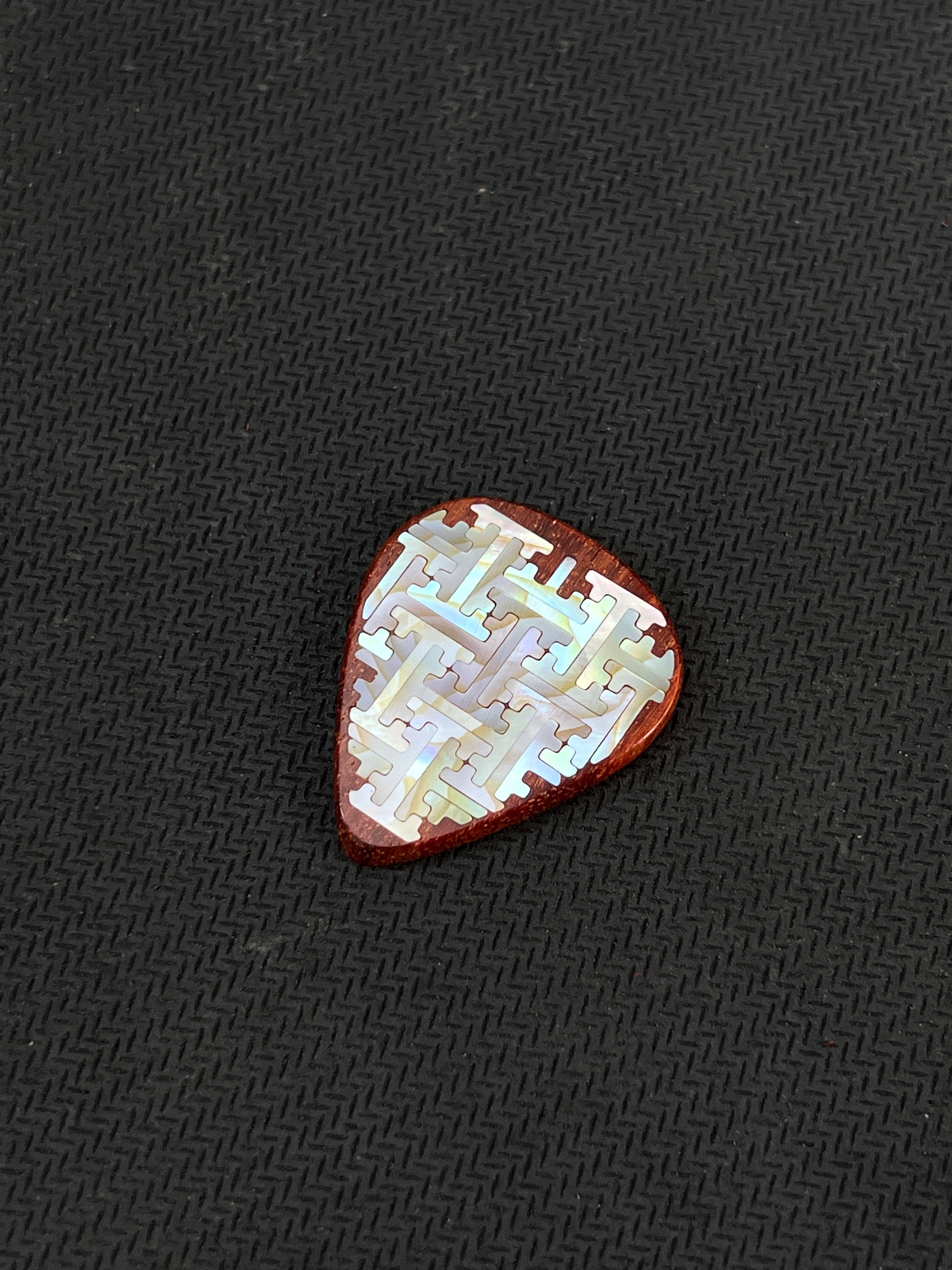 Handmade Wooden Guitar Pick with Mother of Pearl Geometric Swastika Pattern Inlay