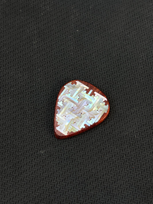 Handmade Wooden Guitar Pick with Mother of Pearl Geometric Swastika Pattern Inlay