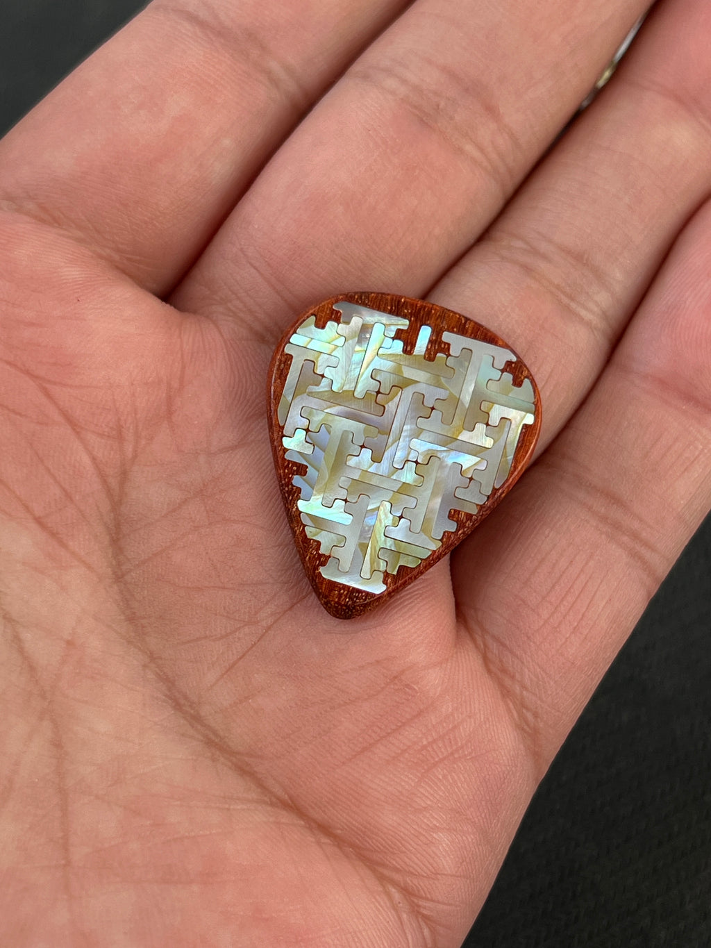 Handmade Wooden Guitar Pick with Mother of Pearl Geometric Swastika Pattern Inlay