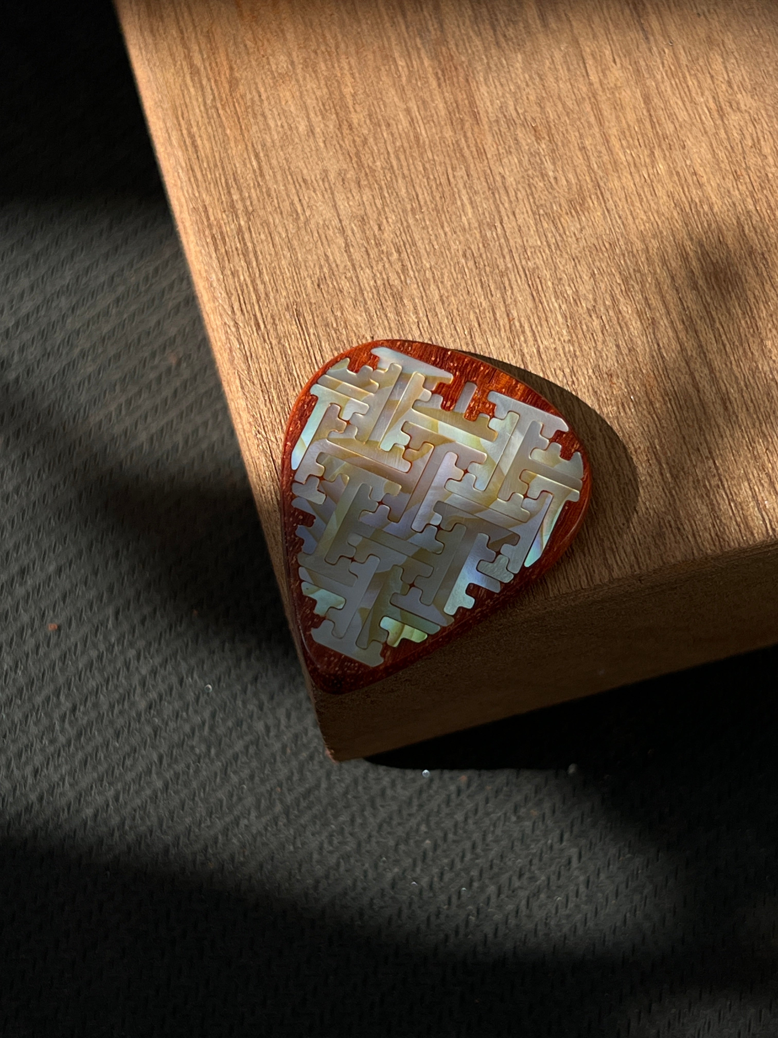 Handmade Wooden Guitar Pick with Mother of Pearl Geometric Swastika Pattern Inlay
