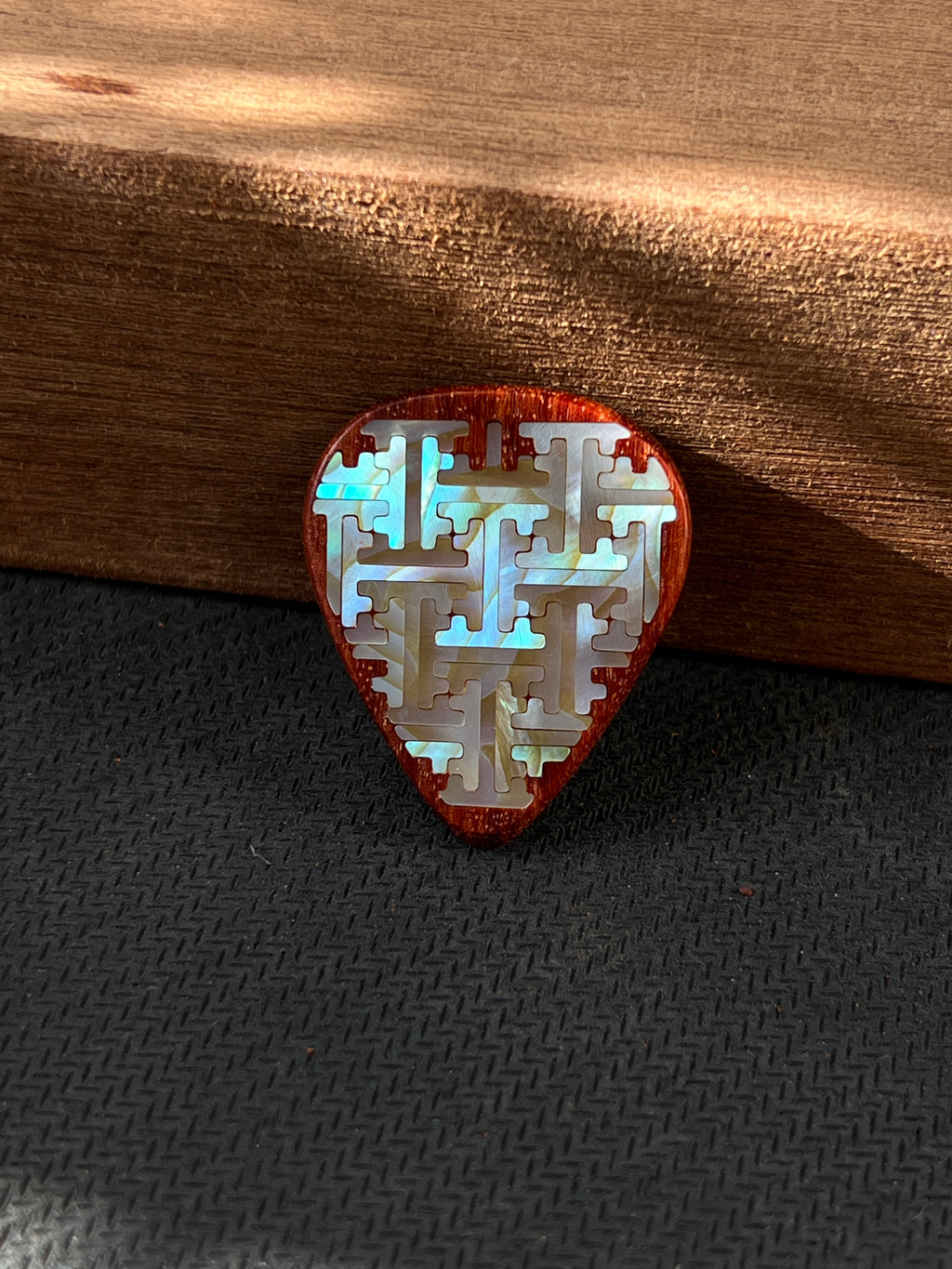 Handmade Wooden Guitar Pick with Mother of Pearl Geometric Swastika Pattern Inlay