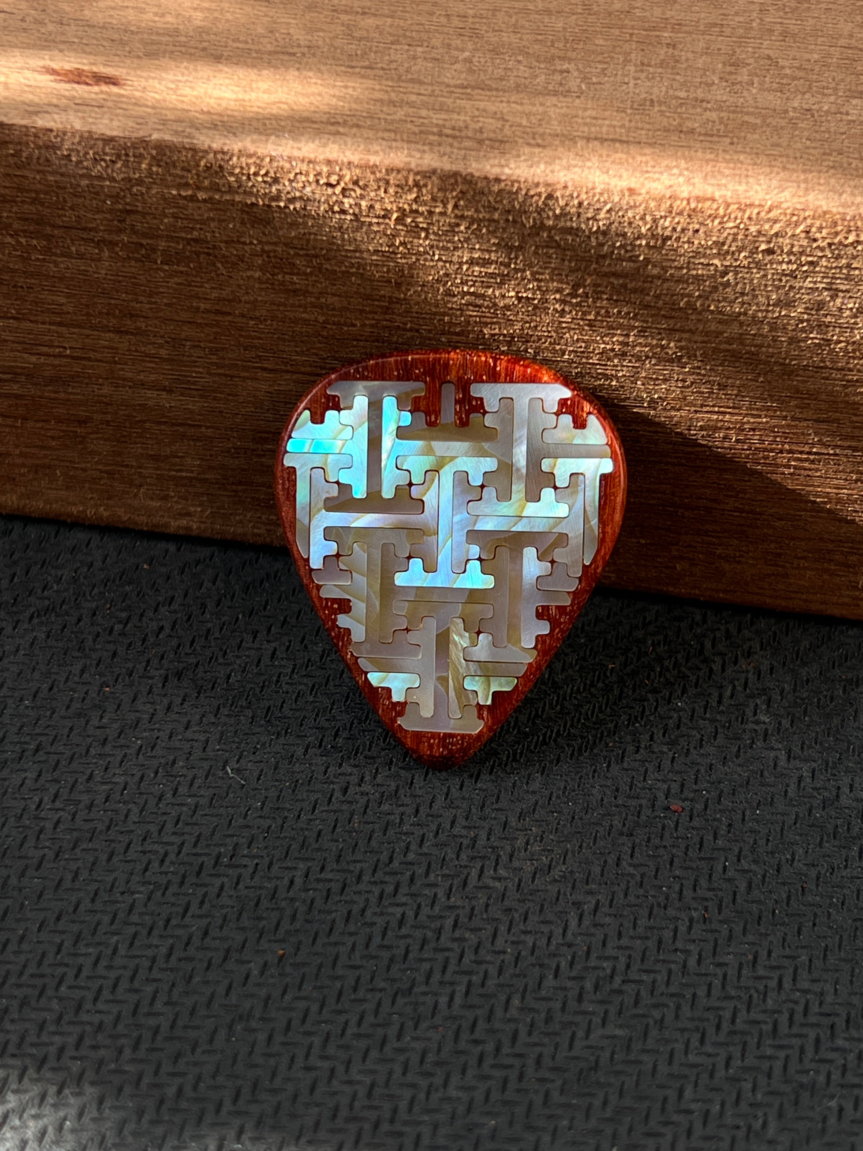 Handmade Wooden Guitar Pick with Mother of Pearl Geometric Swastika Pattern Inlay