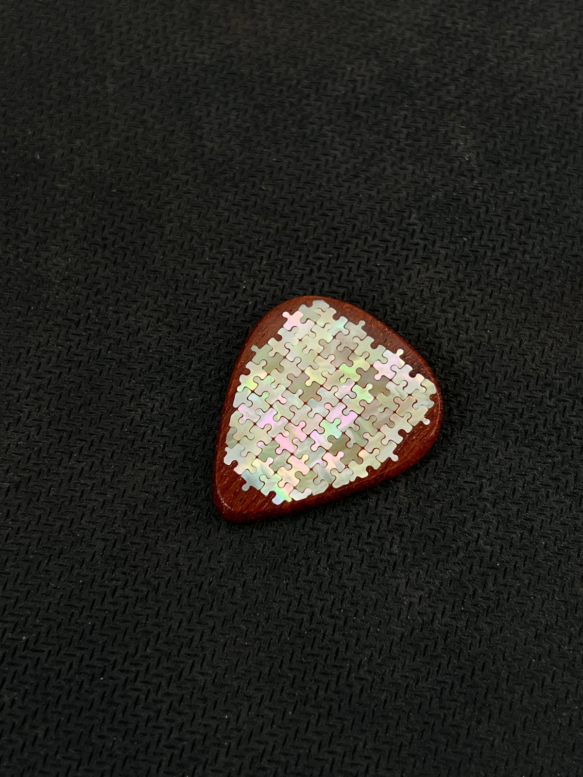 Handmade Wooden Guitar Pick with Mother of Pearl Mini Puzzle Inlay – Unique Guitarist Gift