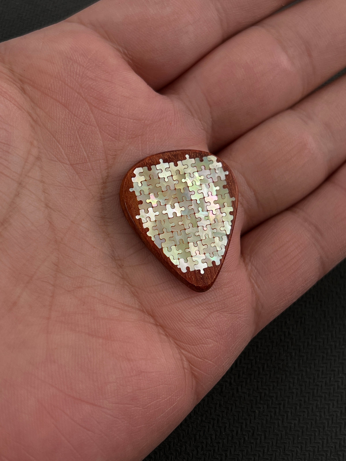 Handmade Wooden Guitar Pick with Mother of Pearl Mini Puzzle Inlay – Unique Guitarist Gift